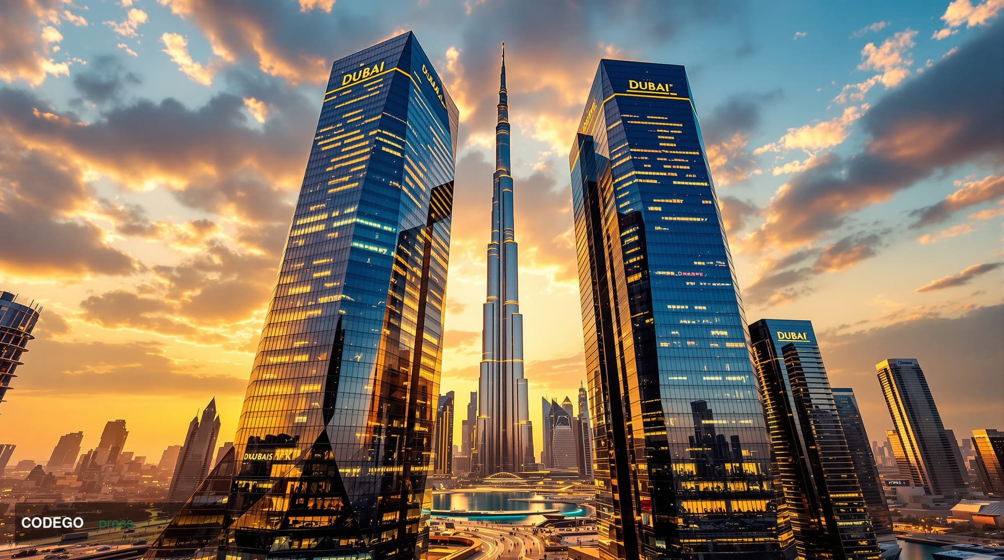 A dramatic aerial view of Dubai's Financial District at golden hour, showcasing the gleaming skyscrapers of the Dubai Interna