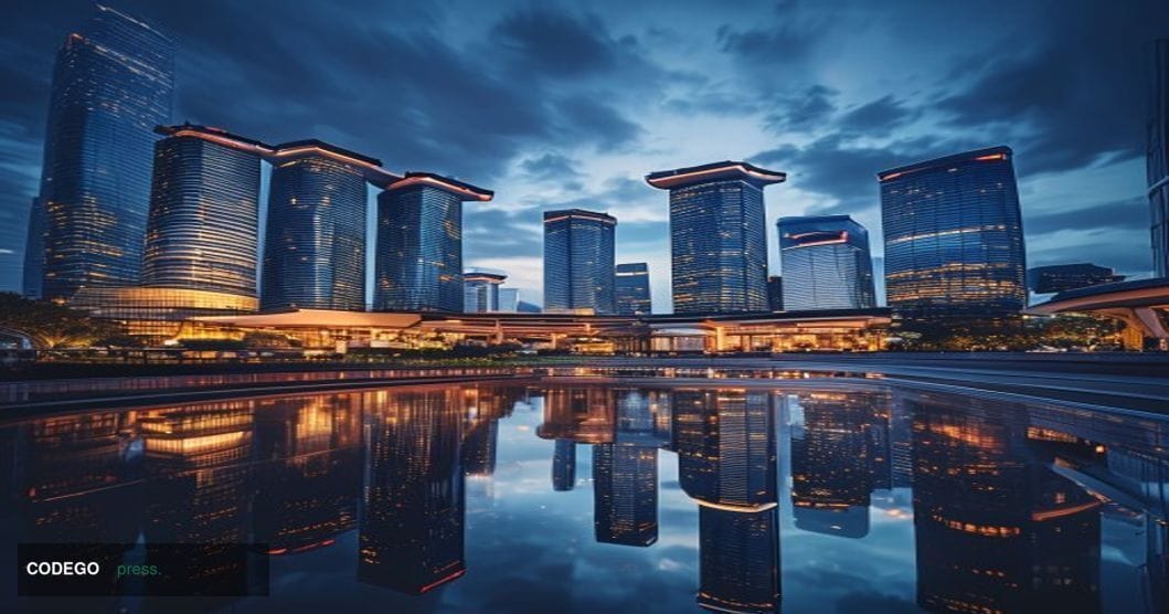 A cinematic editorial photograph showcasing Singapore's Marina Bay financial district at golden hour, with the iconic Marina 