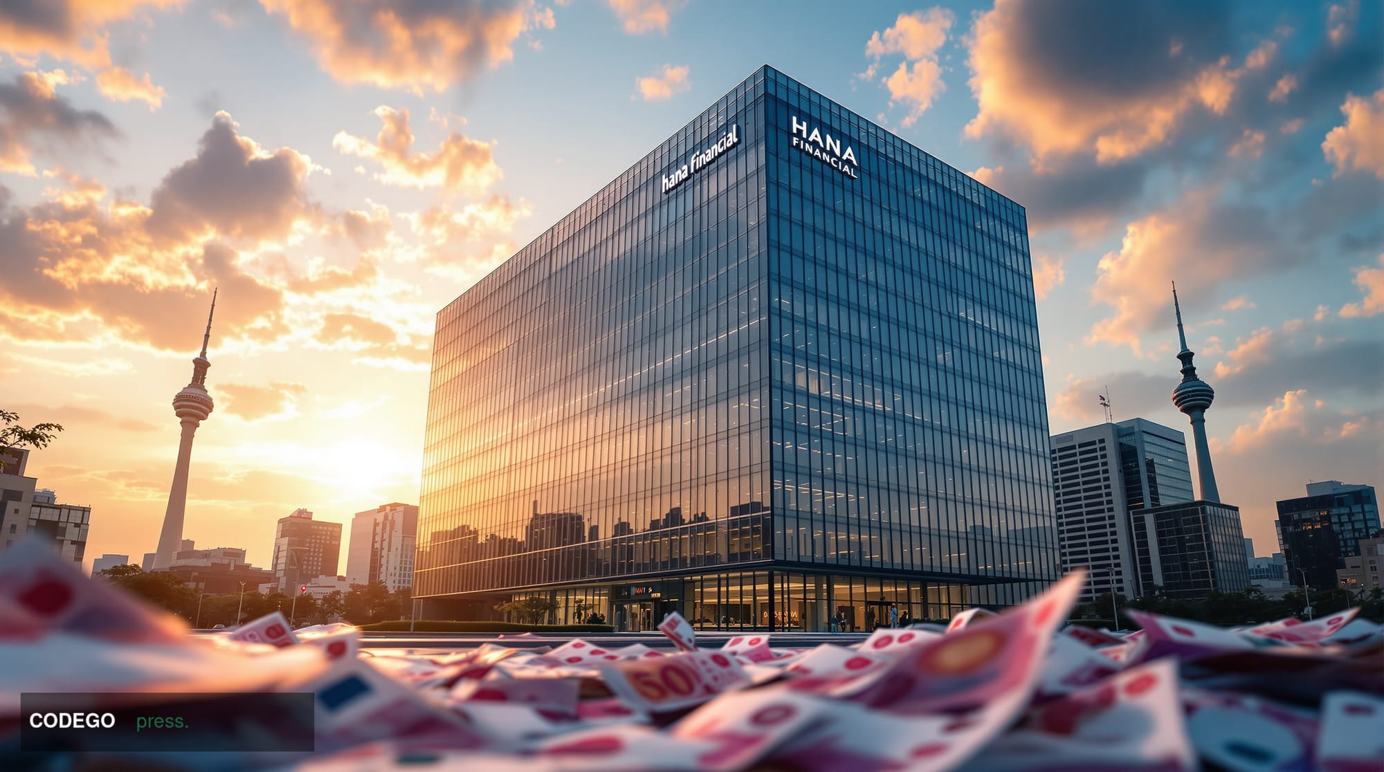 A cinematic editorial photograph showcasing the intersection of traditional Korean banking and cryptocurrency innovation. The