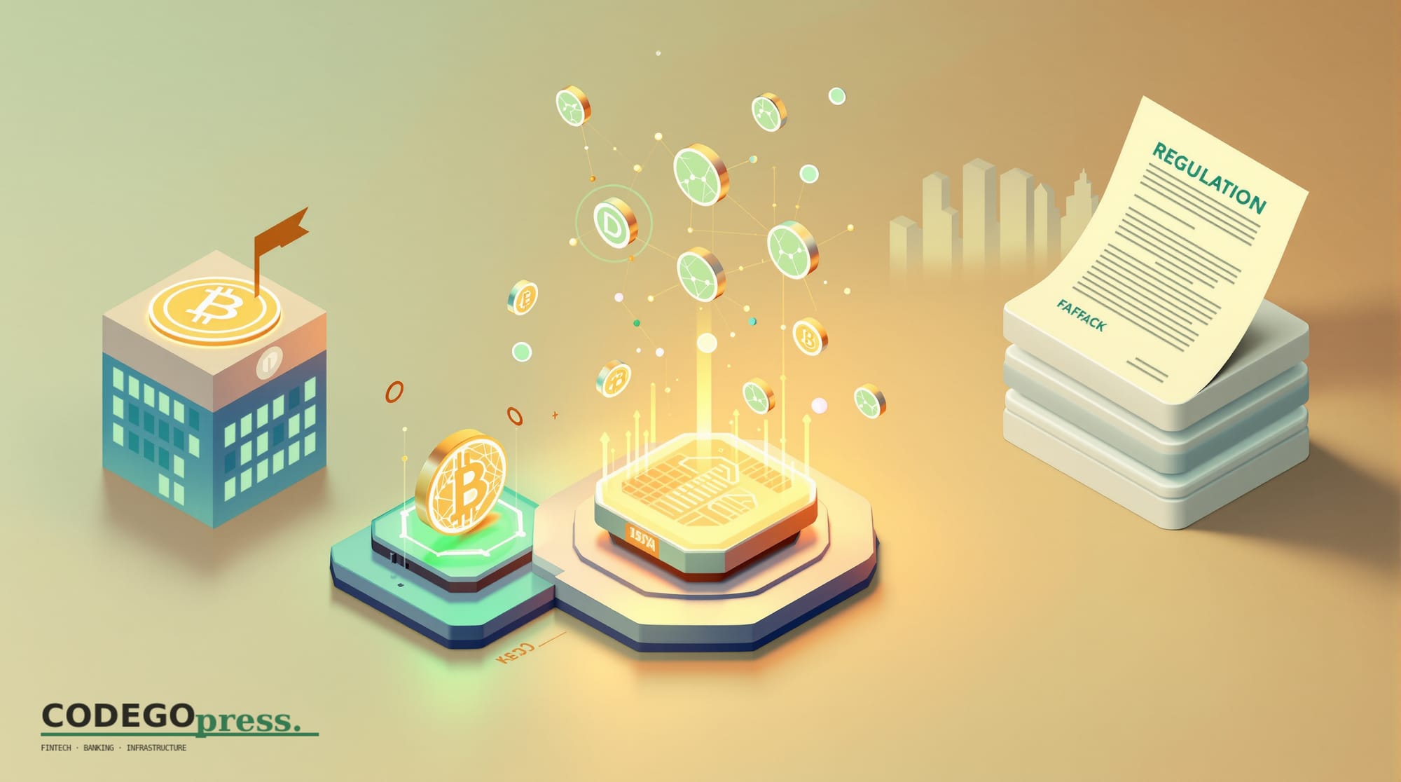 Flat 3D isometric vector editorial illustration, banking-green primary (#1A6B43), cream background, gold and navy accents, so