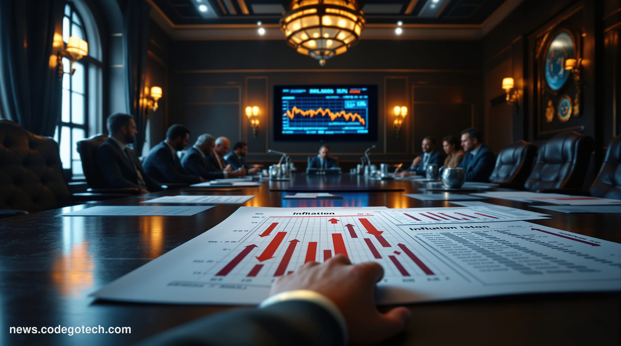 # Image Prompt: Central Bank Hawkish Stance on Inflation

A austere modern central bank boardroom photographed from a low ang