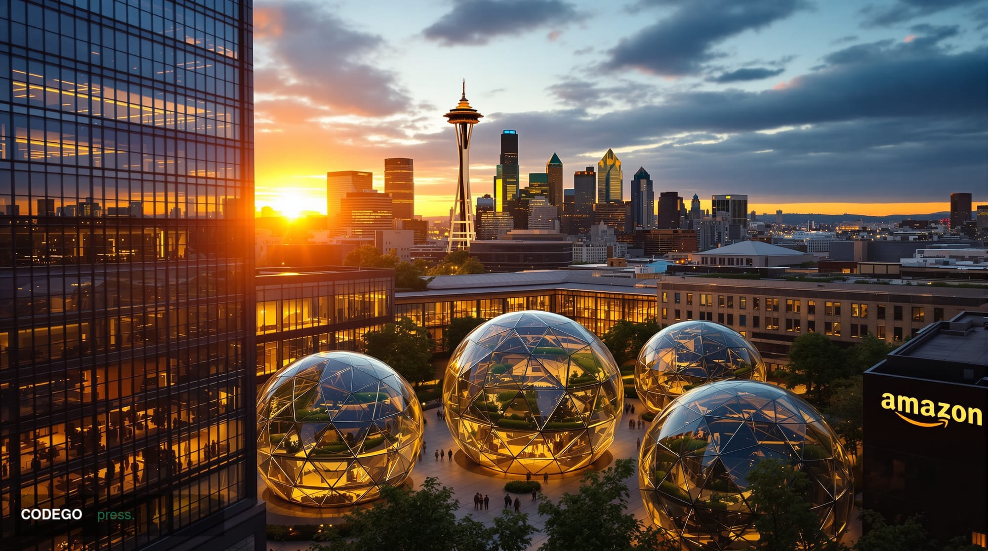 A dramatic aerial view of Amazon's sprawling corporate headquarters in Seattle, Washington, with the iconic Amazon Spheres pr