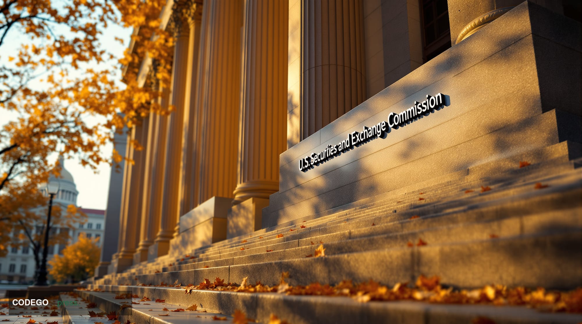 A photorealistic 8K editorial photograph showing the imposing neoclassical facade of the Securities and Exchange Commission h