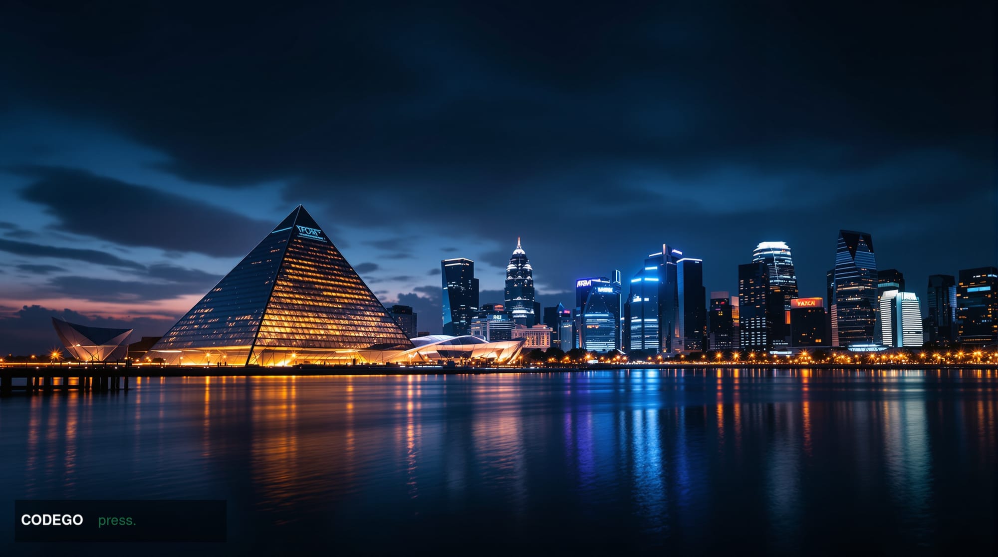 A dramatic cinematic photograph of Singapore's financial district at dusk, with the iconic Marina Bay Sands and modern skyscr