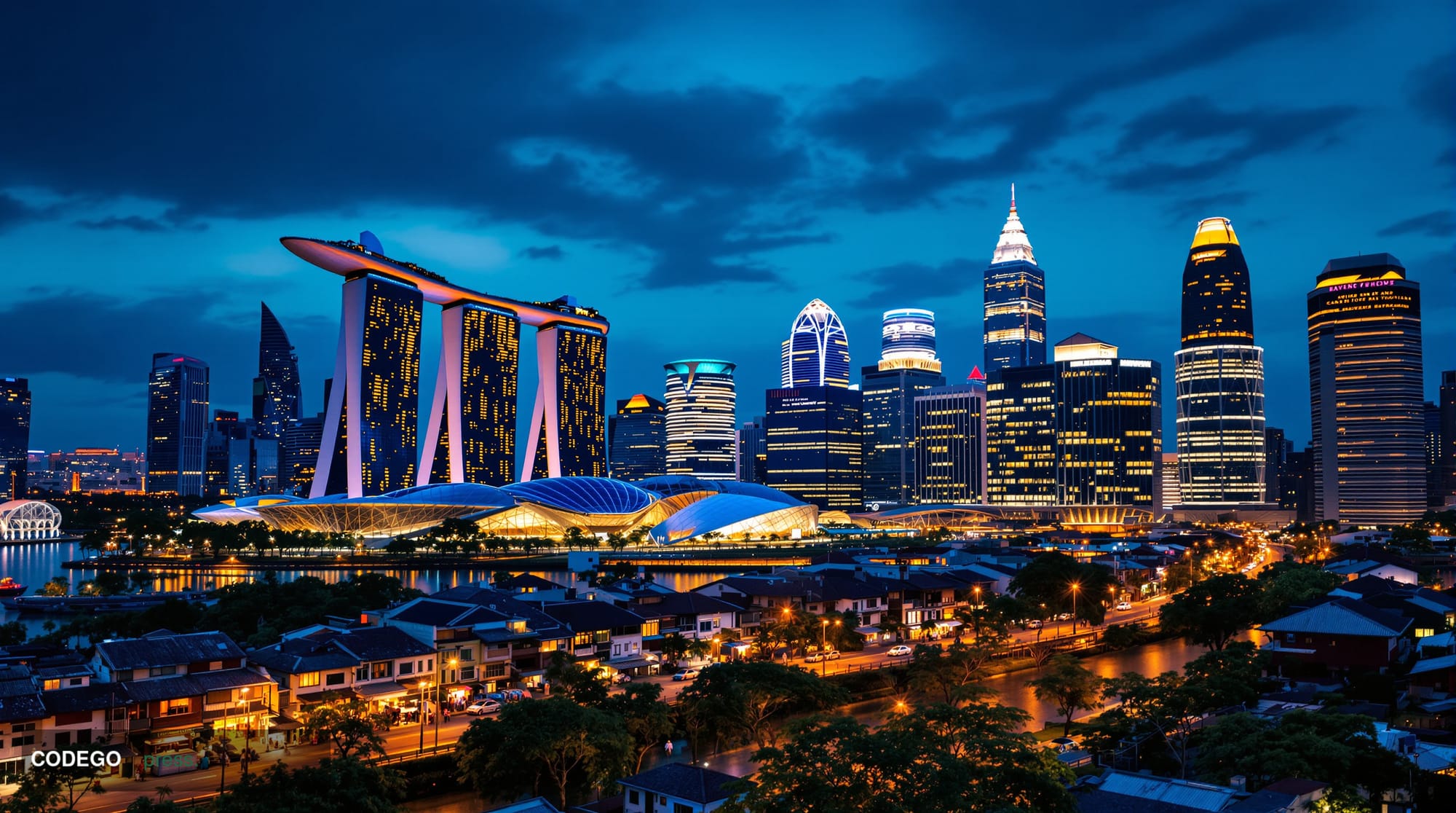 A photorealistic editorial photograph showing Singapore's Central Business District skyline at dusk with the iconic Marina Ba