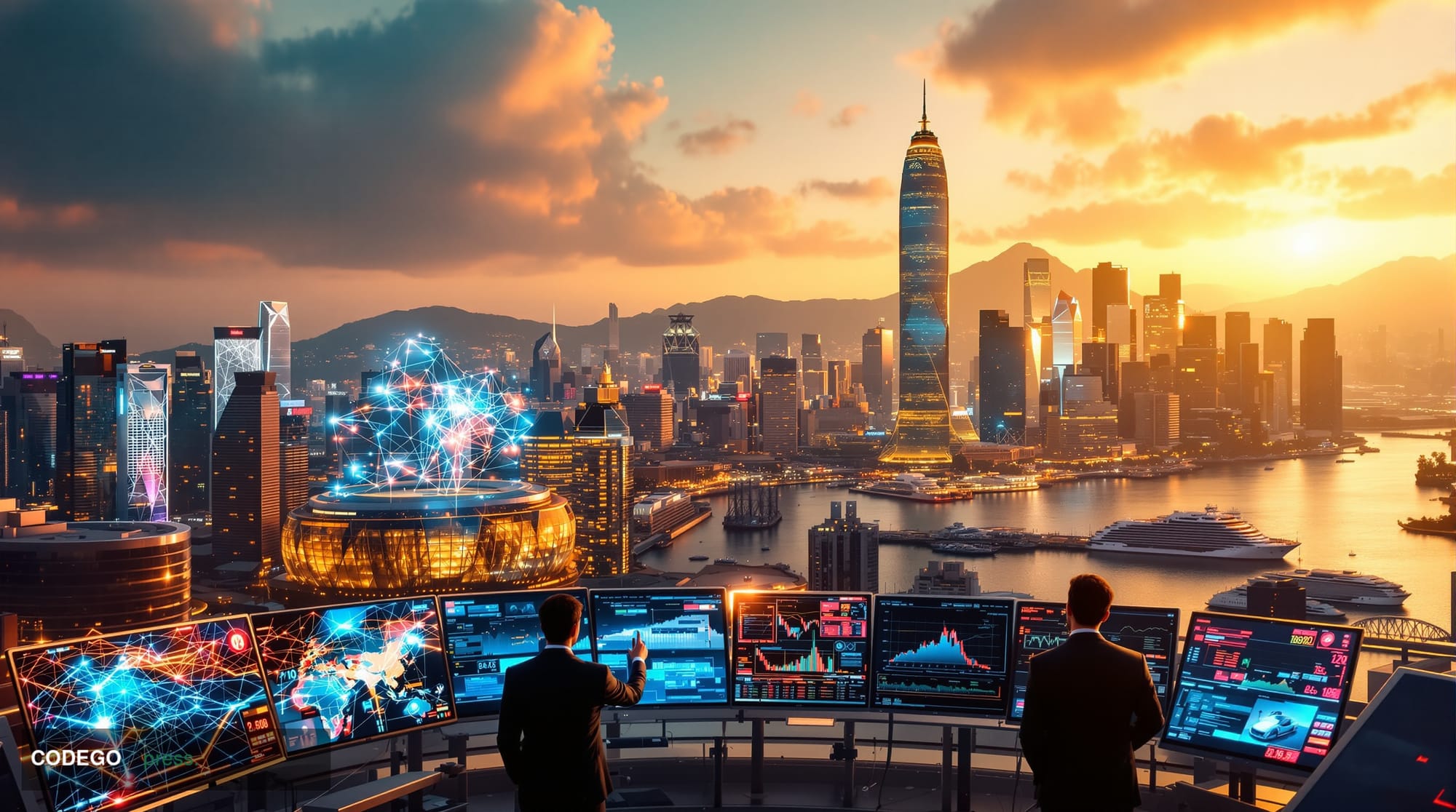 A photorealistic editorial photograph showcasing Hong Kong's financial district from Victoria Harbor perspective during golde