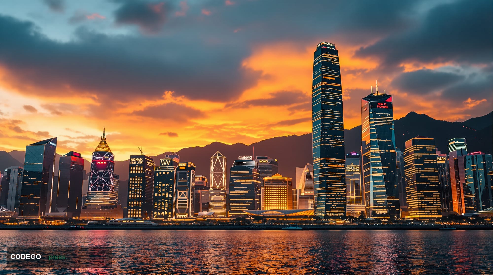 A photorealistic cinematic editorial photograph of Hong Kong's iconic financial district skyline at golden hour, featuring th