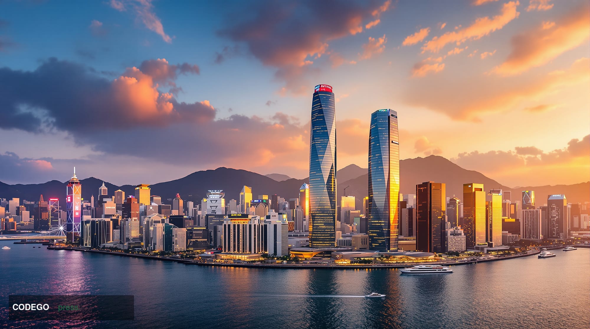 A photorealistic editorial photograph showcasing Hong Kong's iconic financial district skyline at golden hour, with the disti