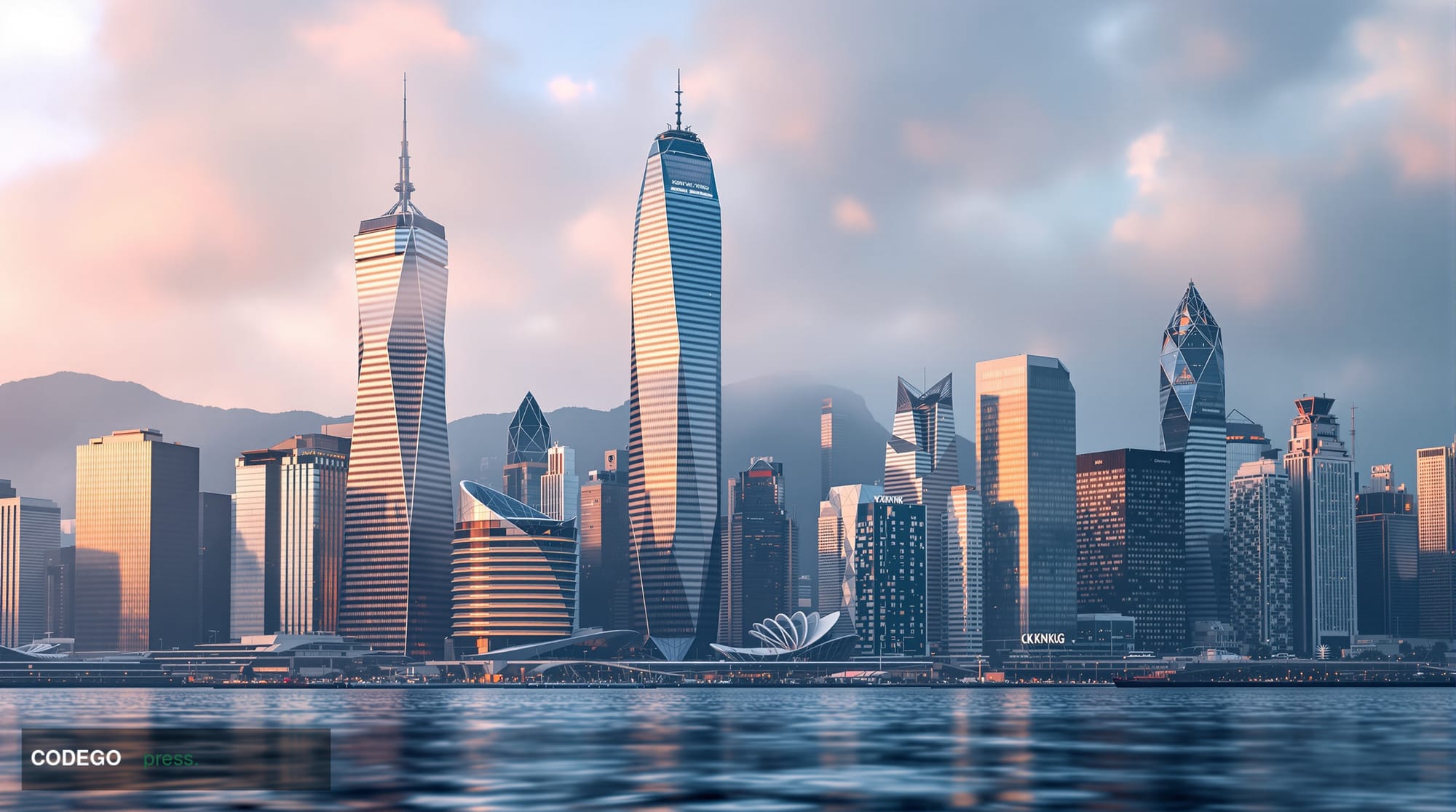 A dramatic photorealistic editorial photograph capturing Hong Kong's International Finance Centre towers piercing through mor