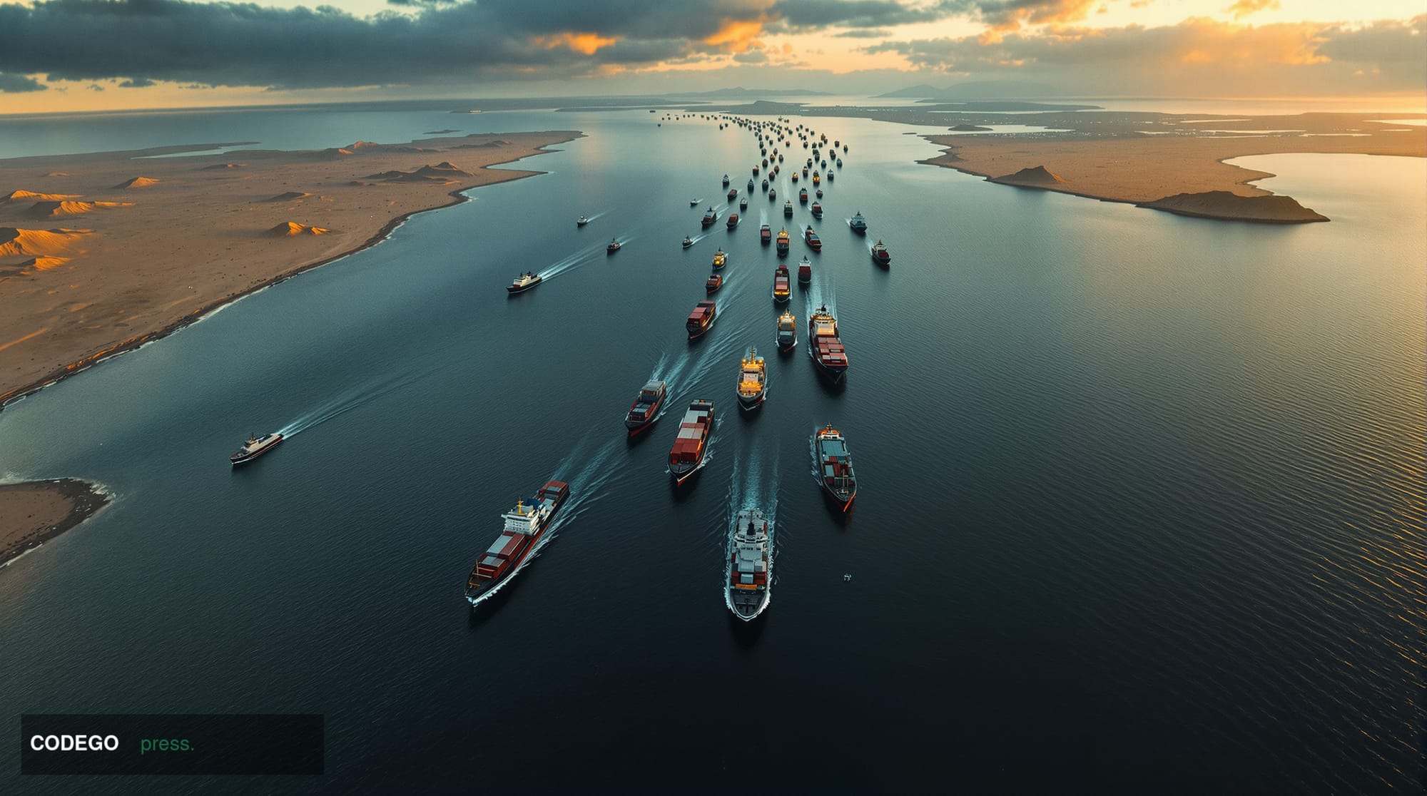 A dramatic aerial view of the Strait of Hormuz showing multiple cargo vessels queued or rerouting around the strategic waterw