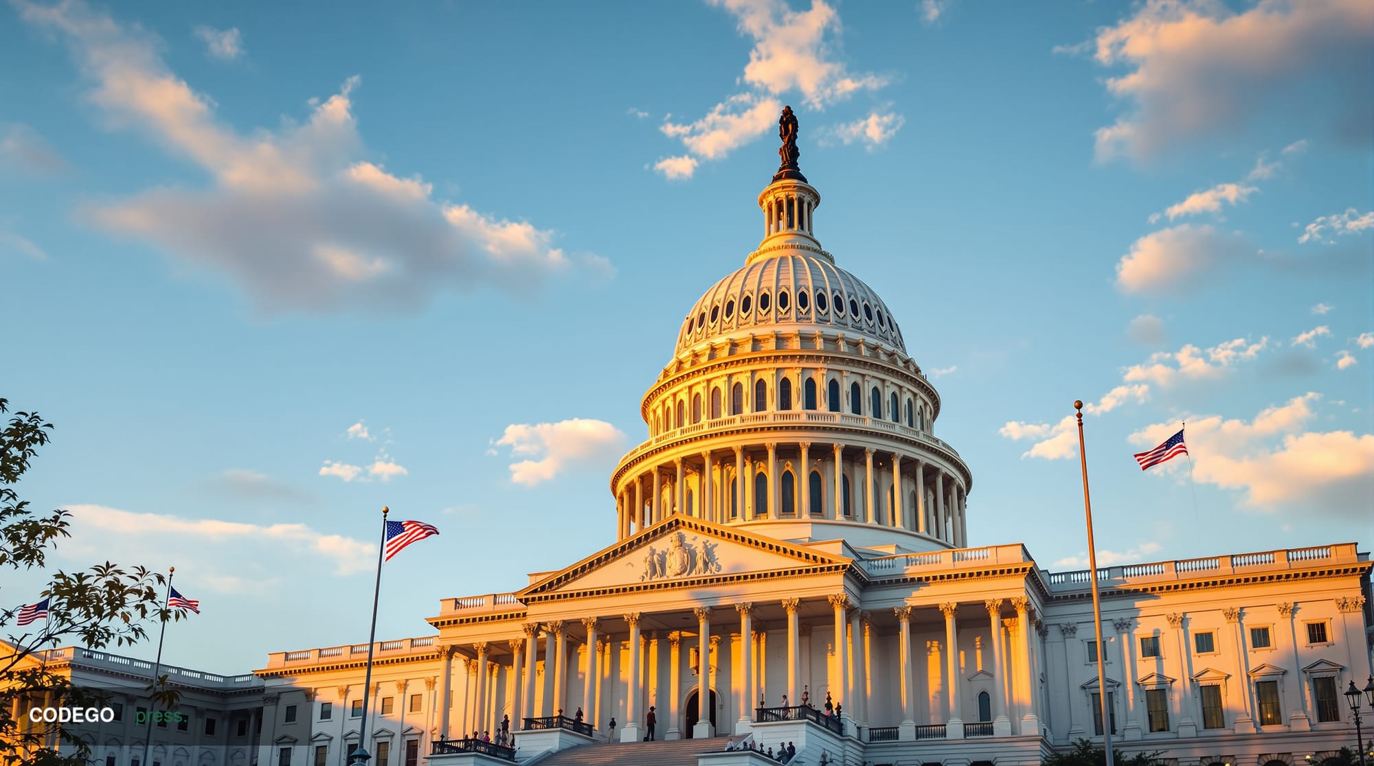 A wide-angle editorial photograph of the imposing neoclassical facade of the United States Capitol building in Washington D.C