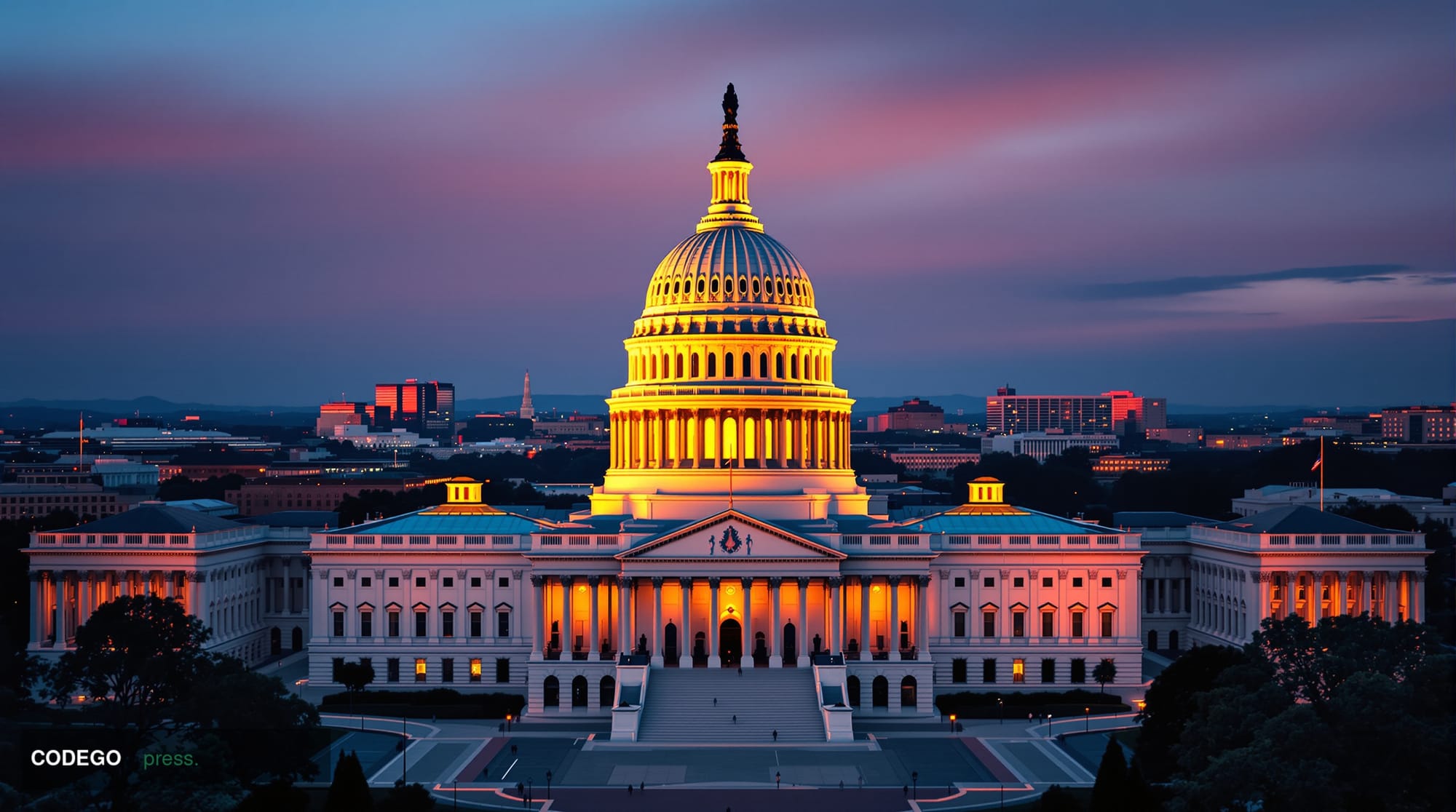 A dramatic aerial view of the US Capitol building at golden hour, with warm amber sunlight illuminating the iconic dome and n