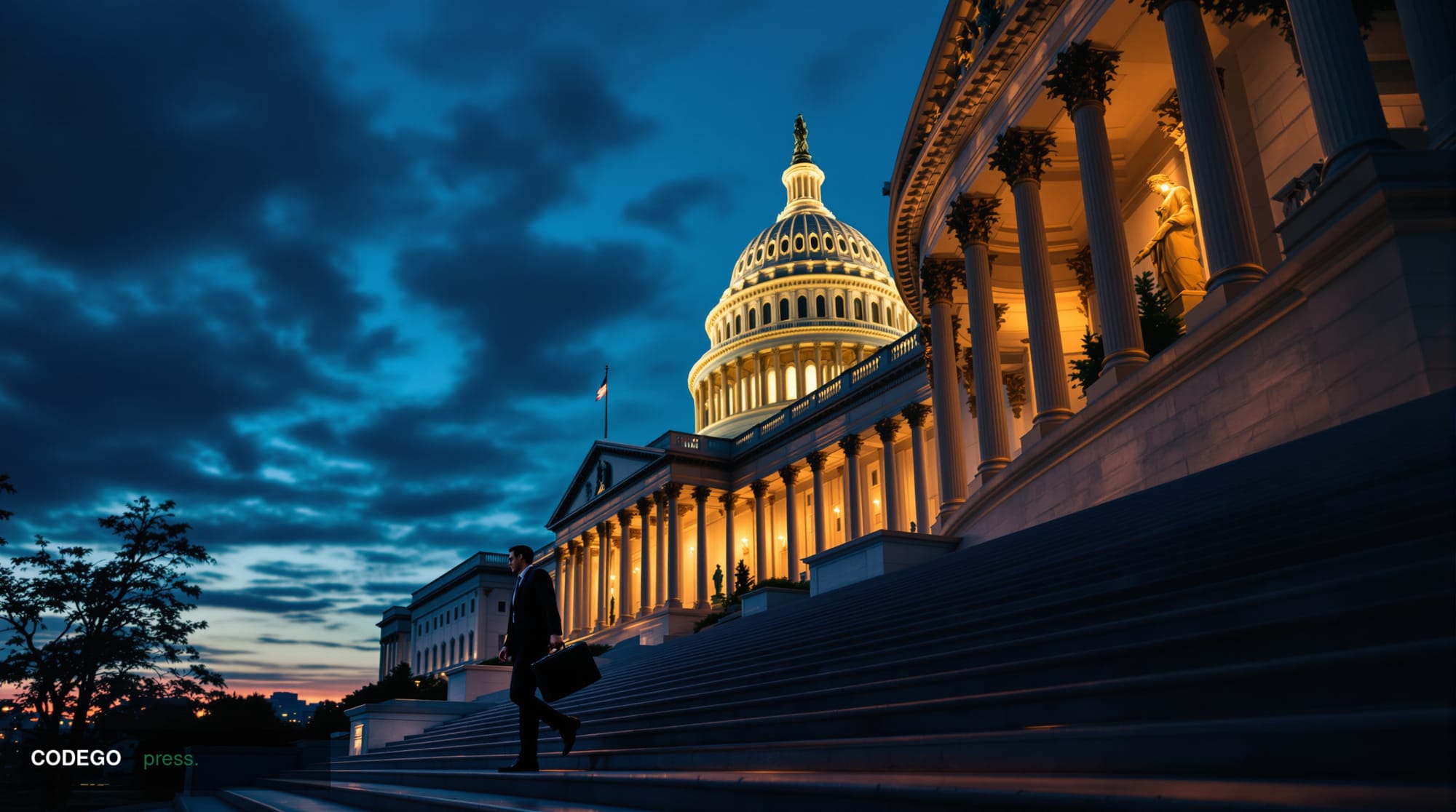 A dramatic cinematic photograph of the United States Capitol building's distinctive dome and neoclassical architecture shot f