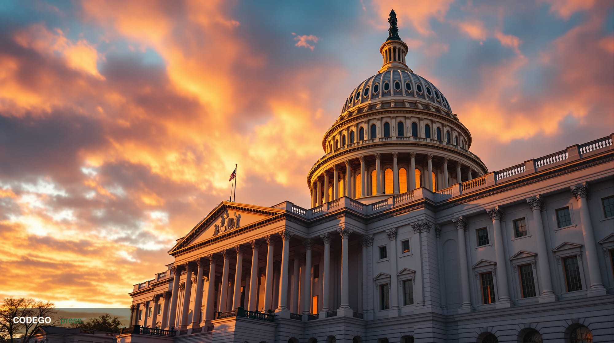 A dramatic photorealistic image of the United States Capitol building's iconic dome and columns during golden hour, with warm