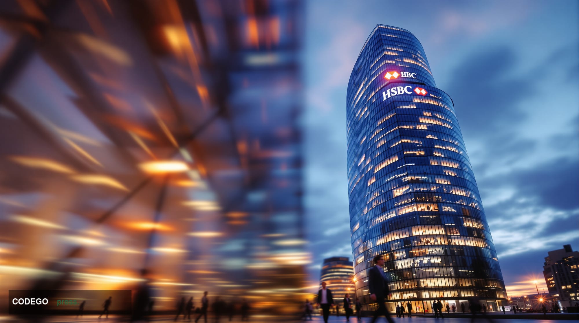 A photorealistic editorial photograph capturing HSBC's London headquarters at 8 Canada Square in Canary Wharf, shot from a lo
