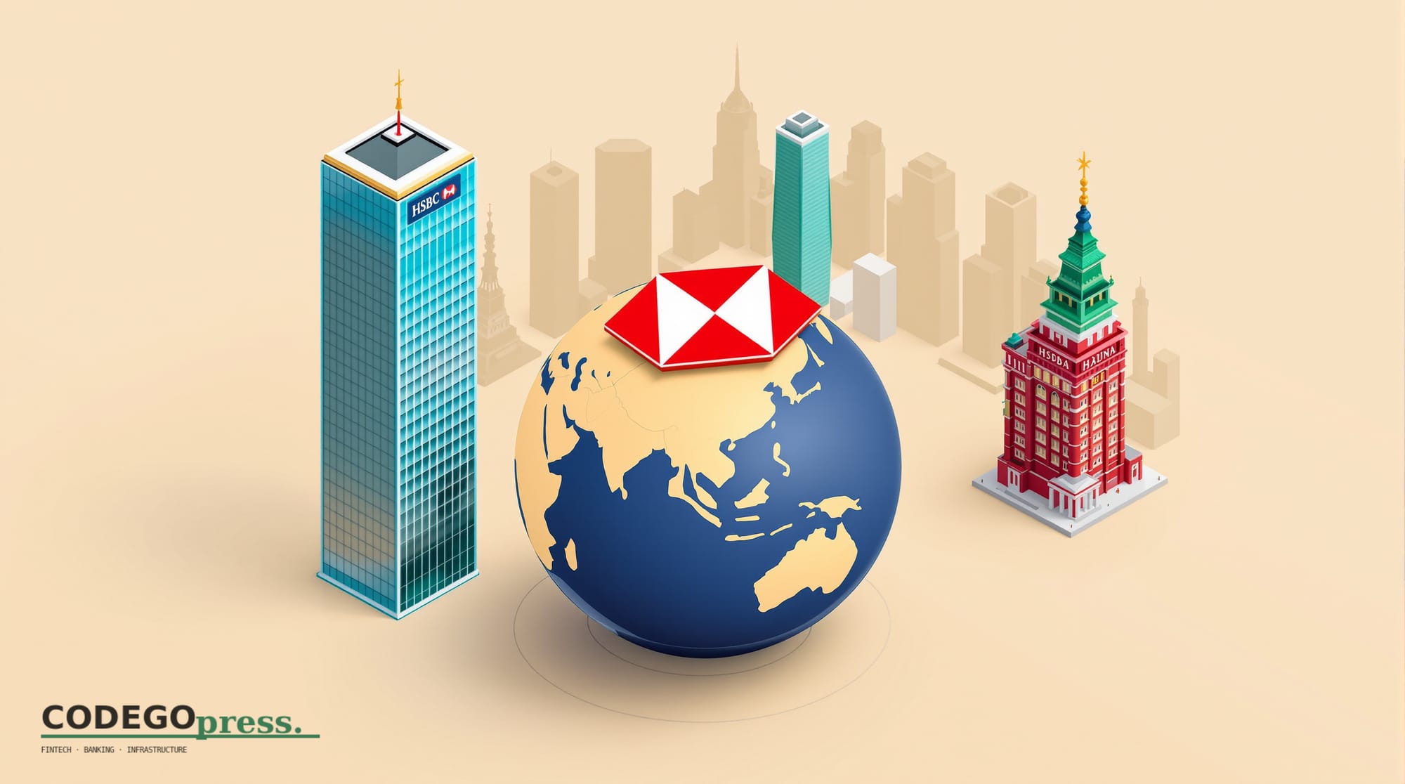 Large HSBC hexagonal badge in navy and red on a rotating globe in centre, showing Asia-Pacific region brightened, HSBC London