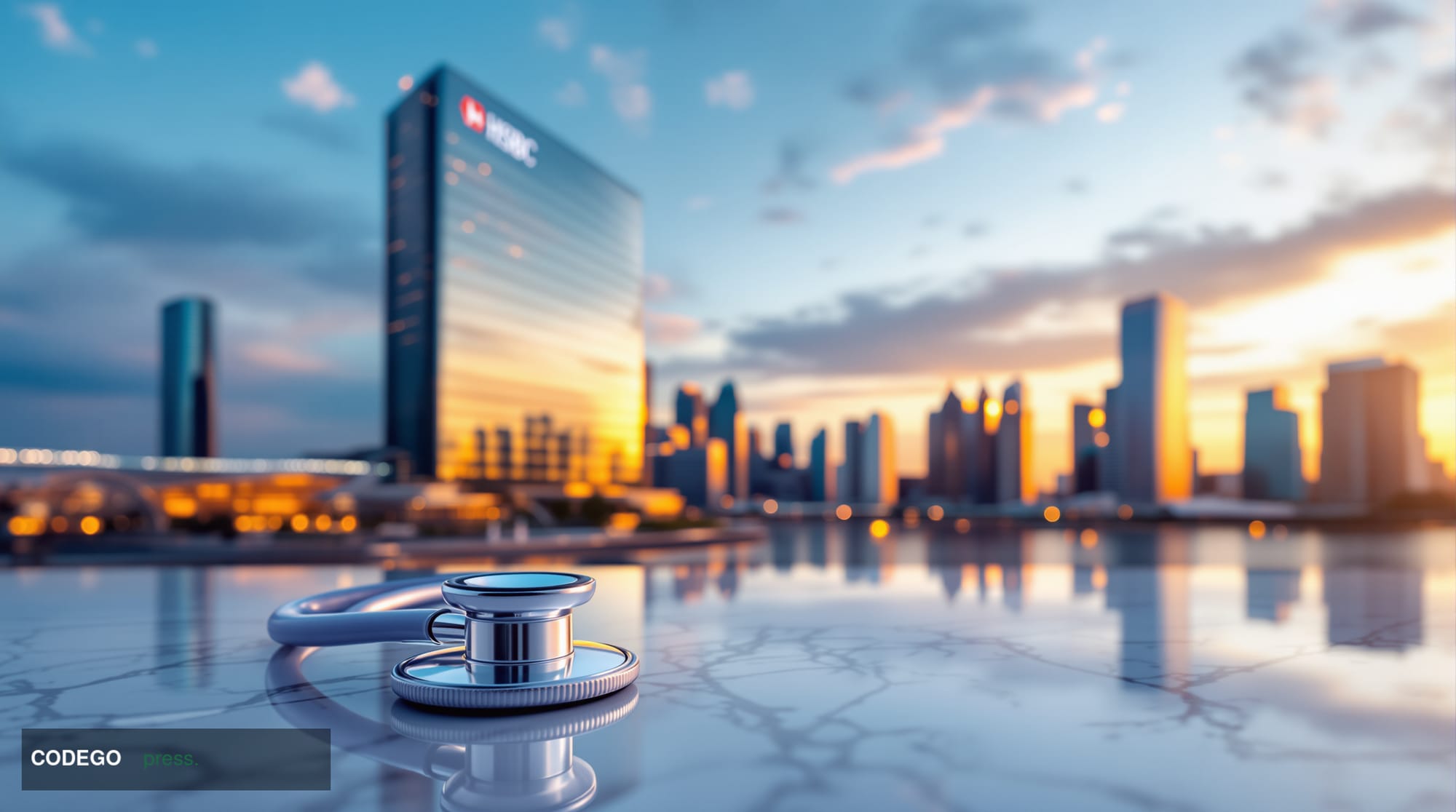 A sophisticated cinematic shot of HSBC's iconic Singapore headquarters building at Marina Bay, shot from a low angle during g