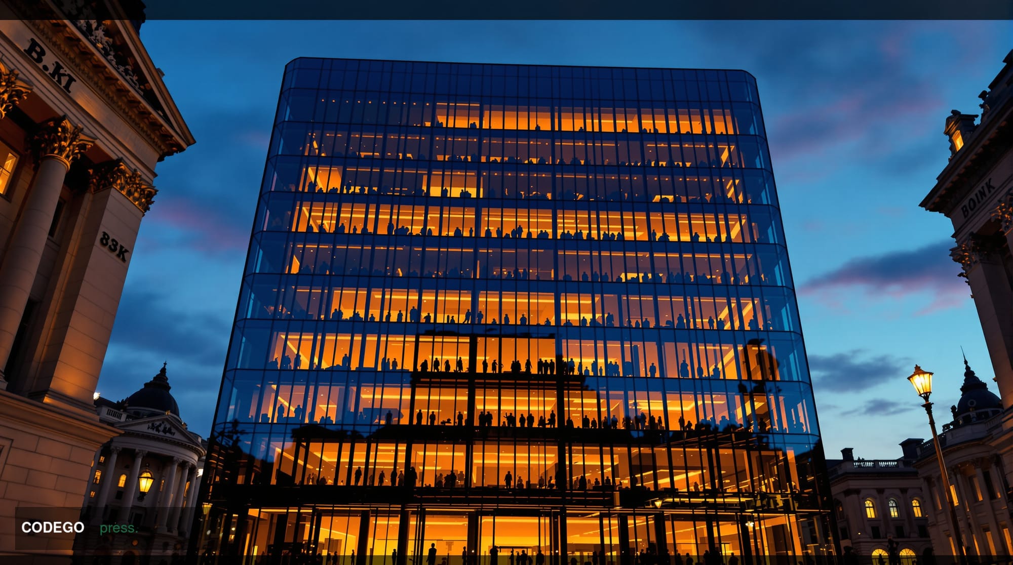 A dramatic editorial photograph showing the modern glass facade of a cryptocurrency exchange headquarters building at dusk, w
