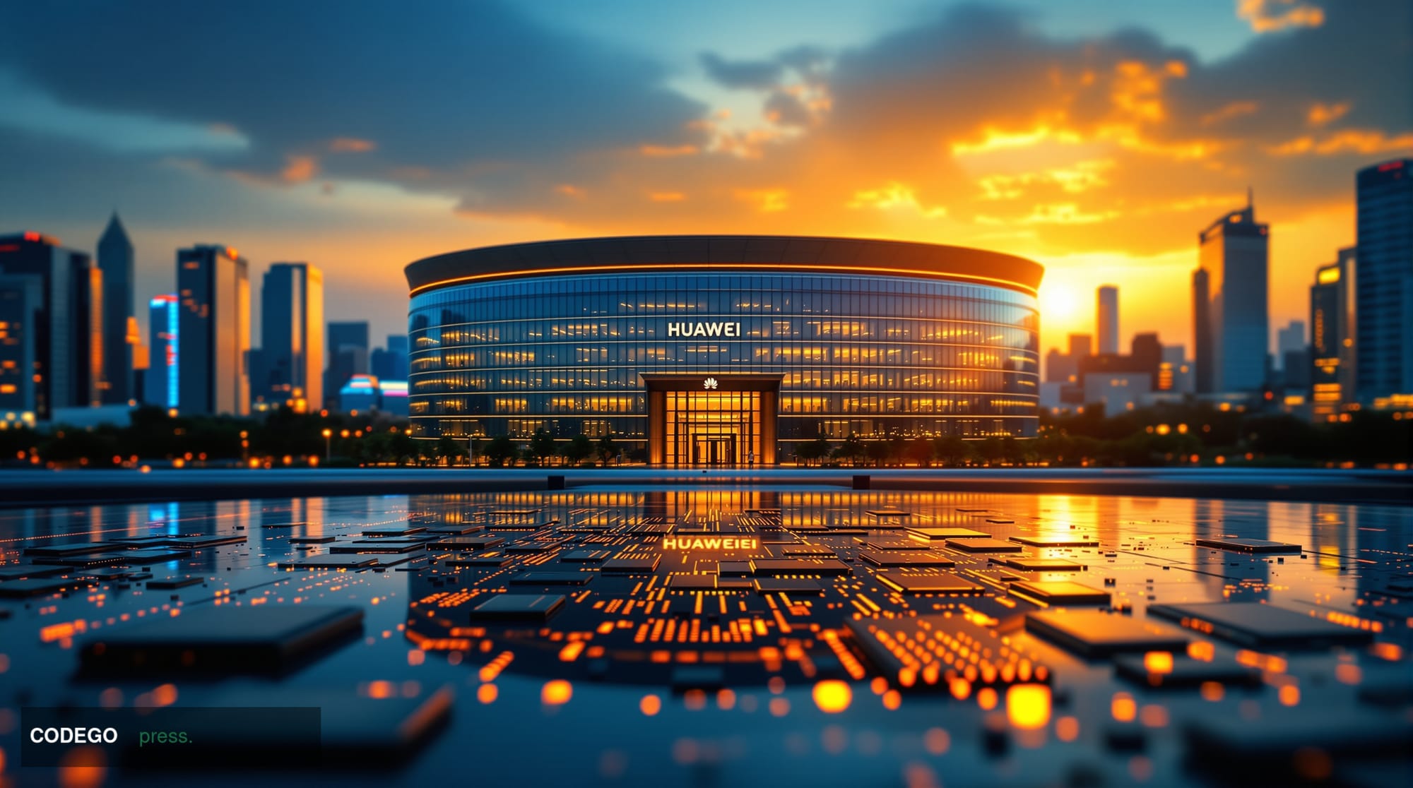 A dramatic editorial photograph of Huawei's sprawling corporate headquarters complex in Shenzhen, China, captured during gold