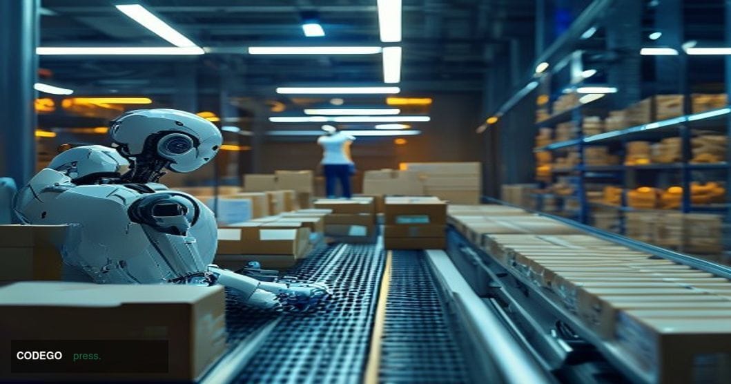 A cinematic editorial photograph capturing the dramatic conclusion of the "Man vs. Machine" challenge in Figure AI's testing 