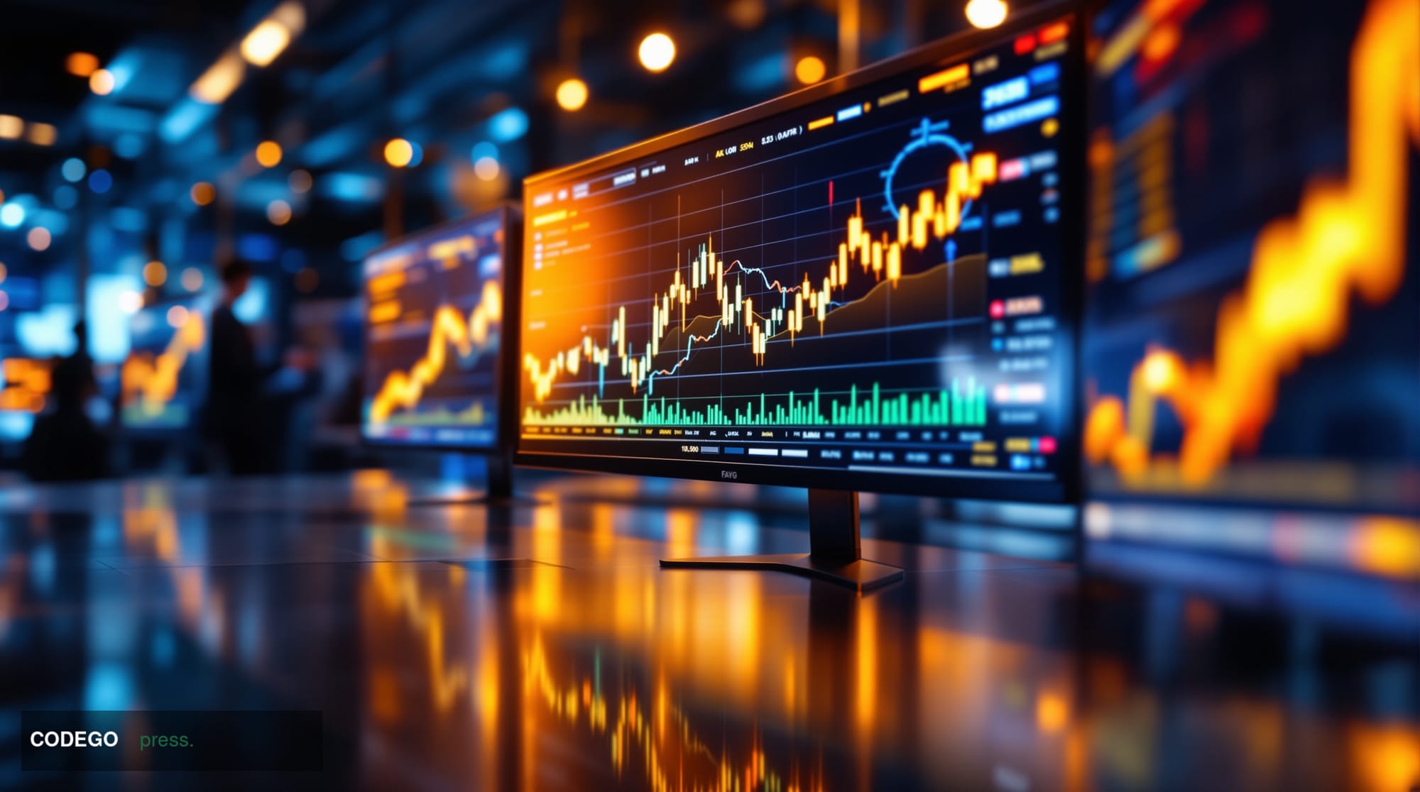 A cinematic editorial photograph of Hyperliquid's distinctive trading interface displayed on multiple high-resolution monitor