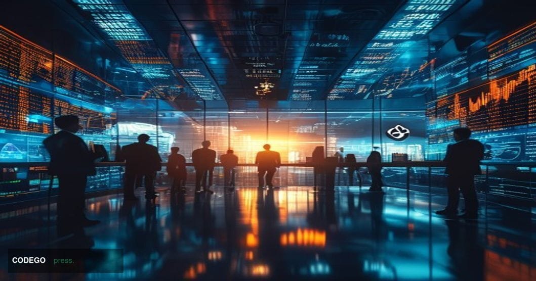 A photorealistic editorial photograph showing a dramatic confrontation between traditional and digital finance. The foregroun