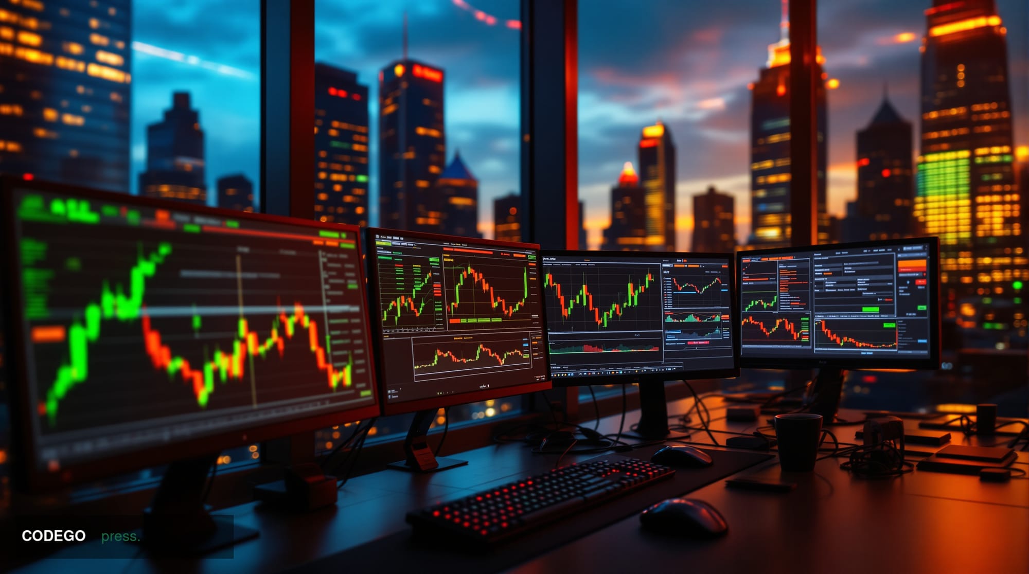 A cinematic editorial photograph showing a modern trading floor or financial district at dusk, with warm amber lighting from 
