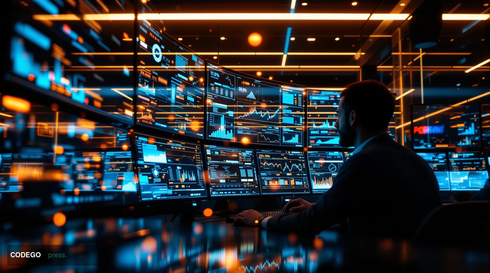 A cinematic editorial photograph showcasing a modern trading floor environment with multiple screens displaying event-based m