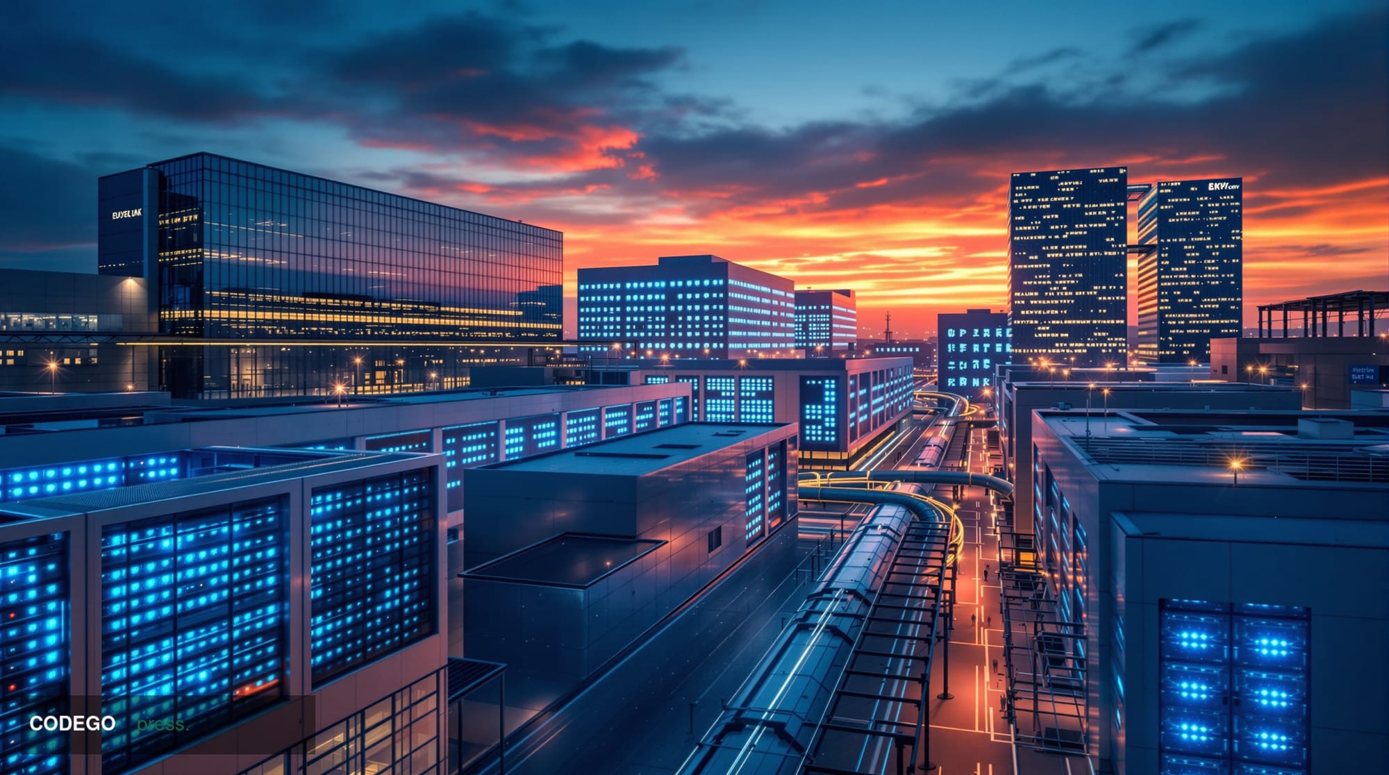 Photorealistic editorial photograph of a modern data center complex at dusk, featuring I Squared Capital's sleek corporate he
