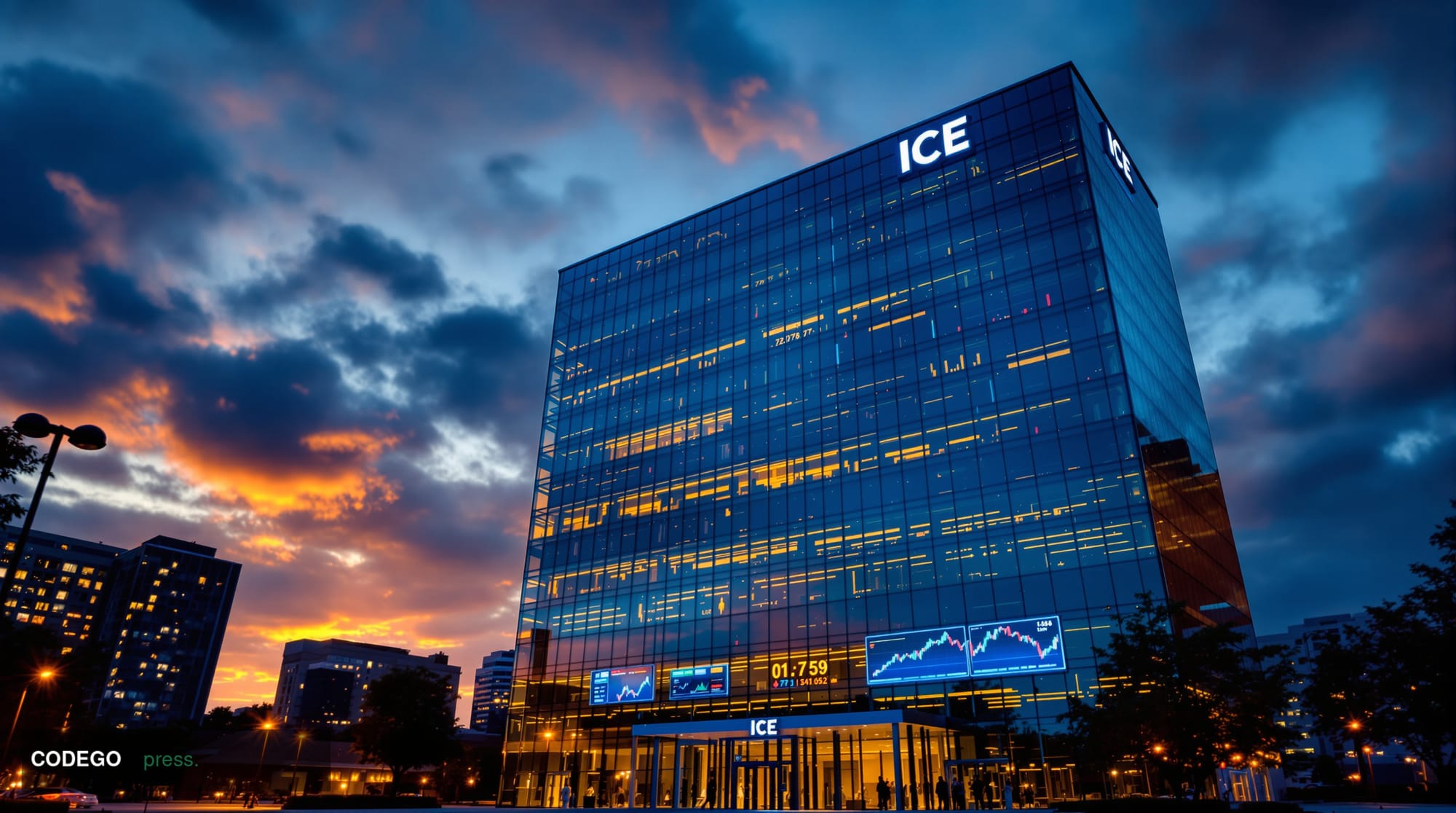 A cinematic editorial photograph showing the imposing glass facade of ICE's headquarters building in Atlanta against a dramat