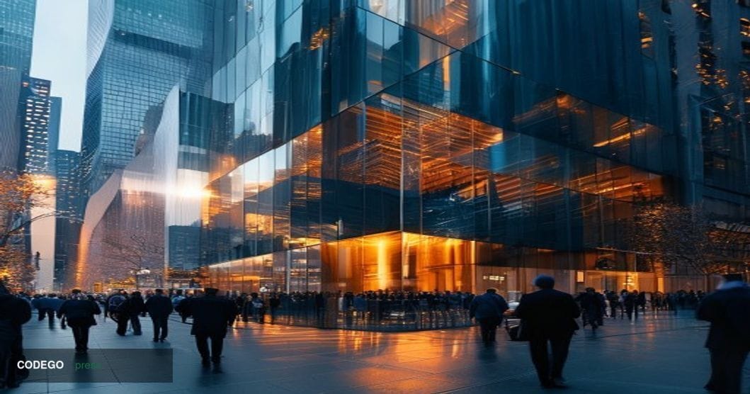 Photorealistic editorial photograph of the IEX Group headquarters building in New York City, shot during golden hour with dra