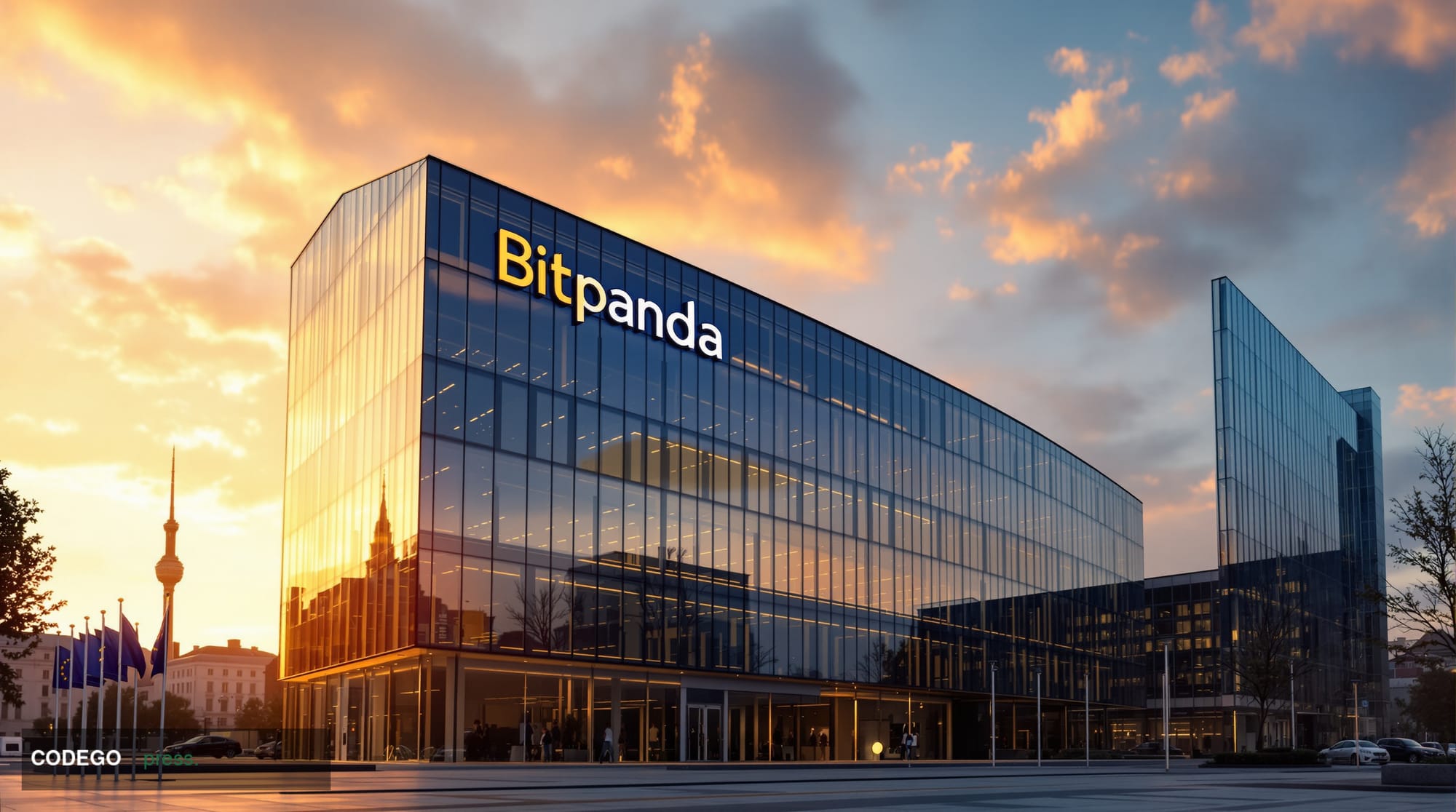 A photorealistic editorial photograph of Bitpanda's modern Vienna headquarters building with its distinctive glass facade and