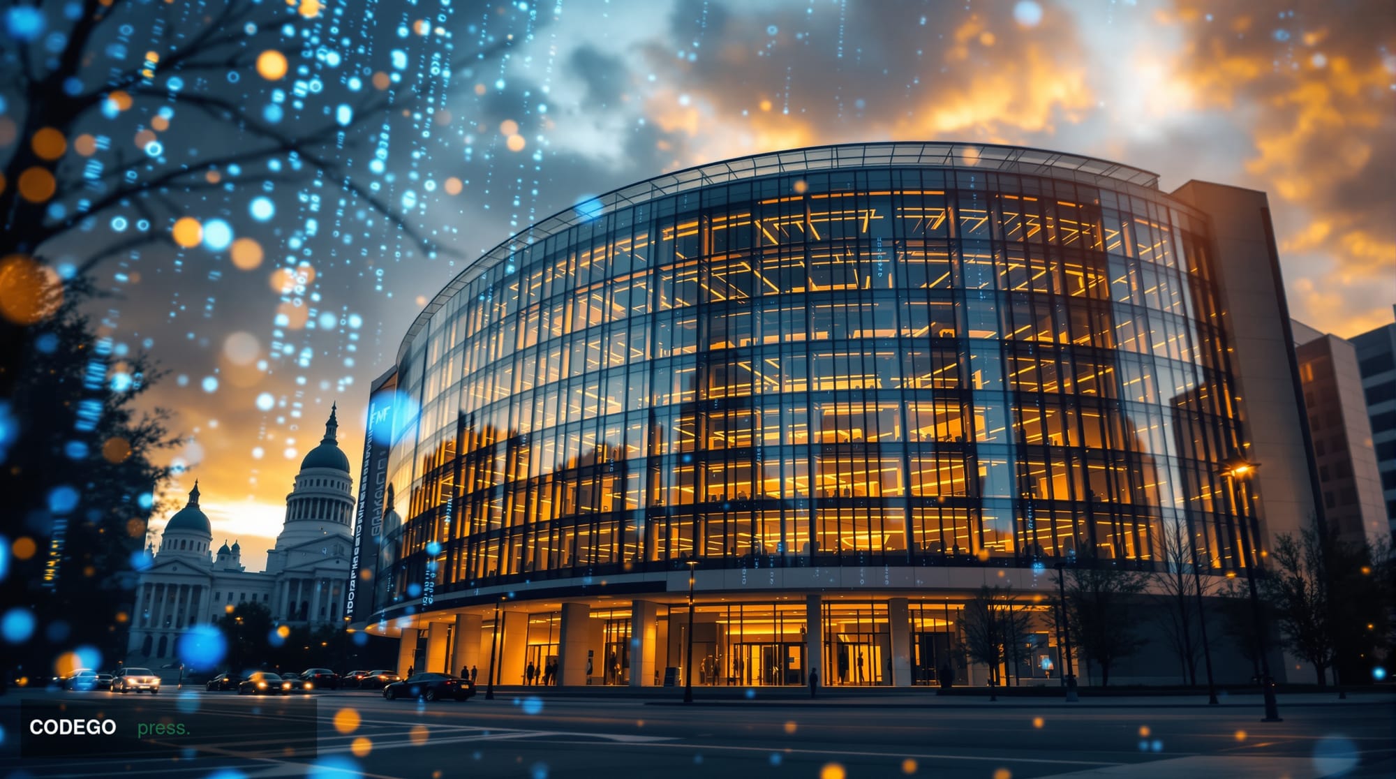 A cinematic editorial photograph showing the International Monetary Fund headquarters building in Washington D.C., the distin