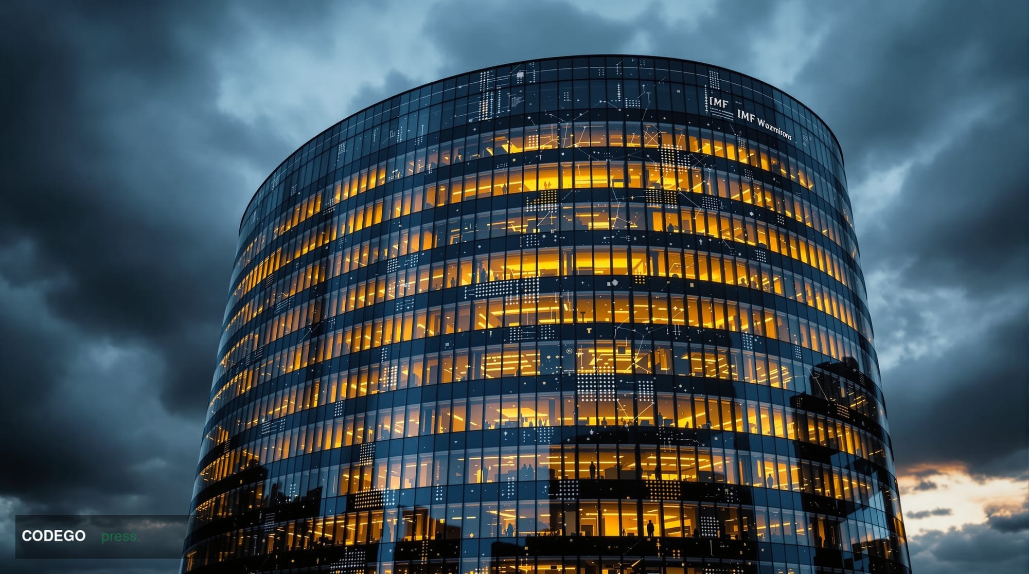 A dramatic photorealistic editorial photograph showing the imposing modernist architecture of the IMF headquarters building i