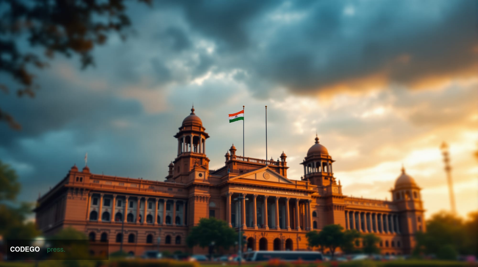 A photorealistic editorial photograph capturing India's tech regulatory environment: the imposing Government of India buildin