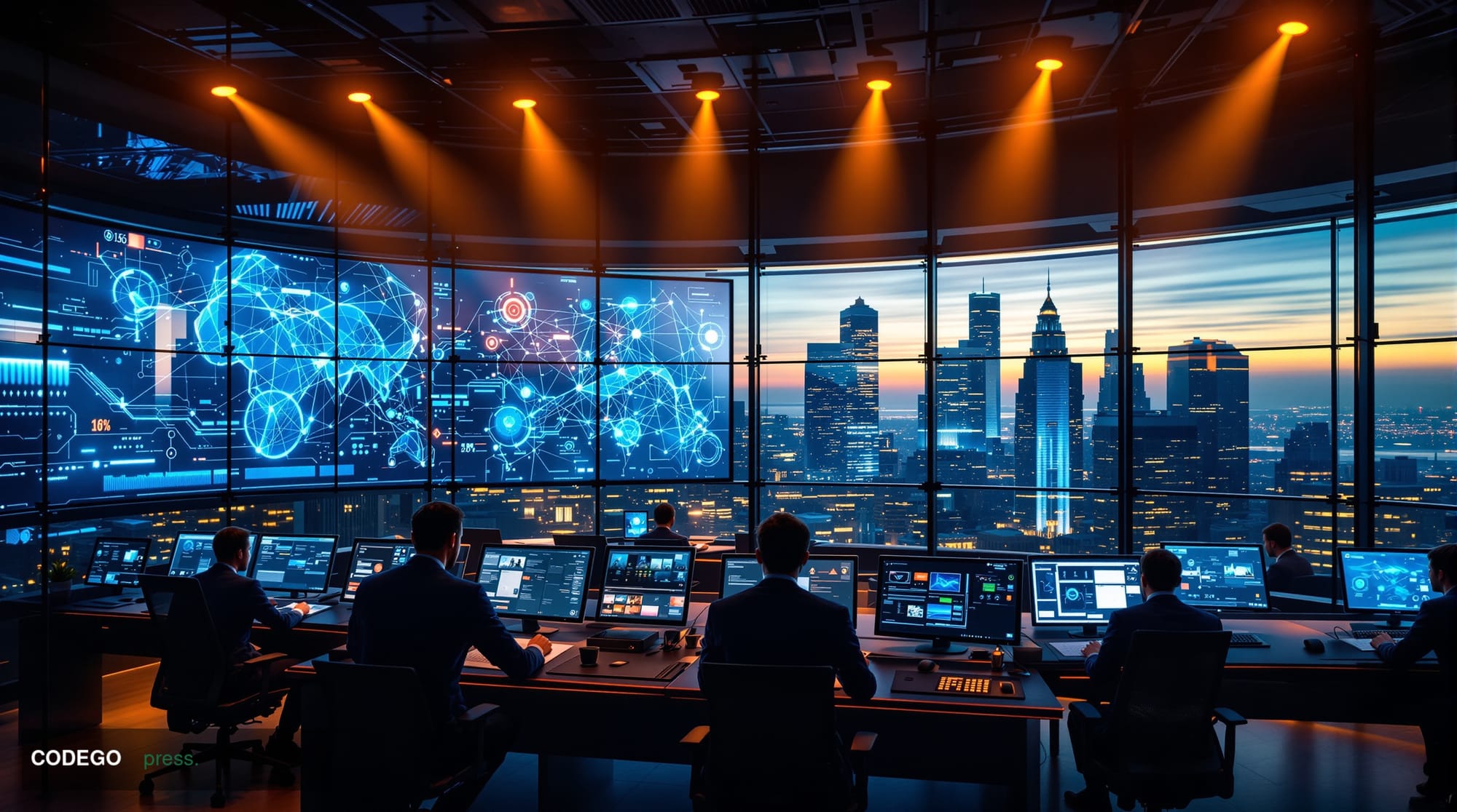 A cinematic editorial photograph showing India's cybersecurity command center during the AI stress testing operations. The sc
