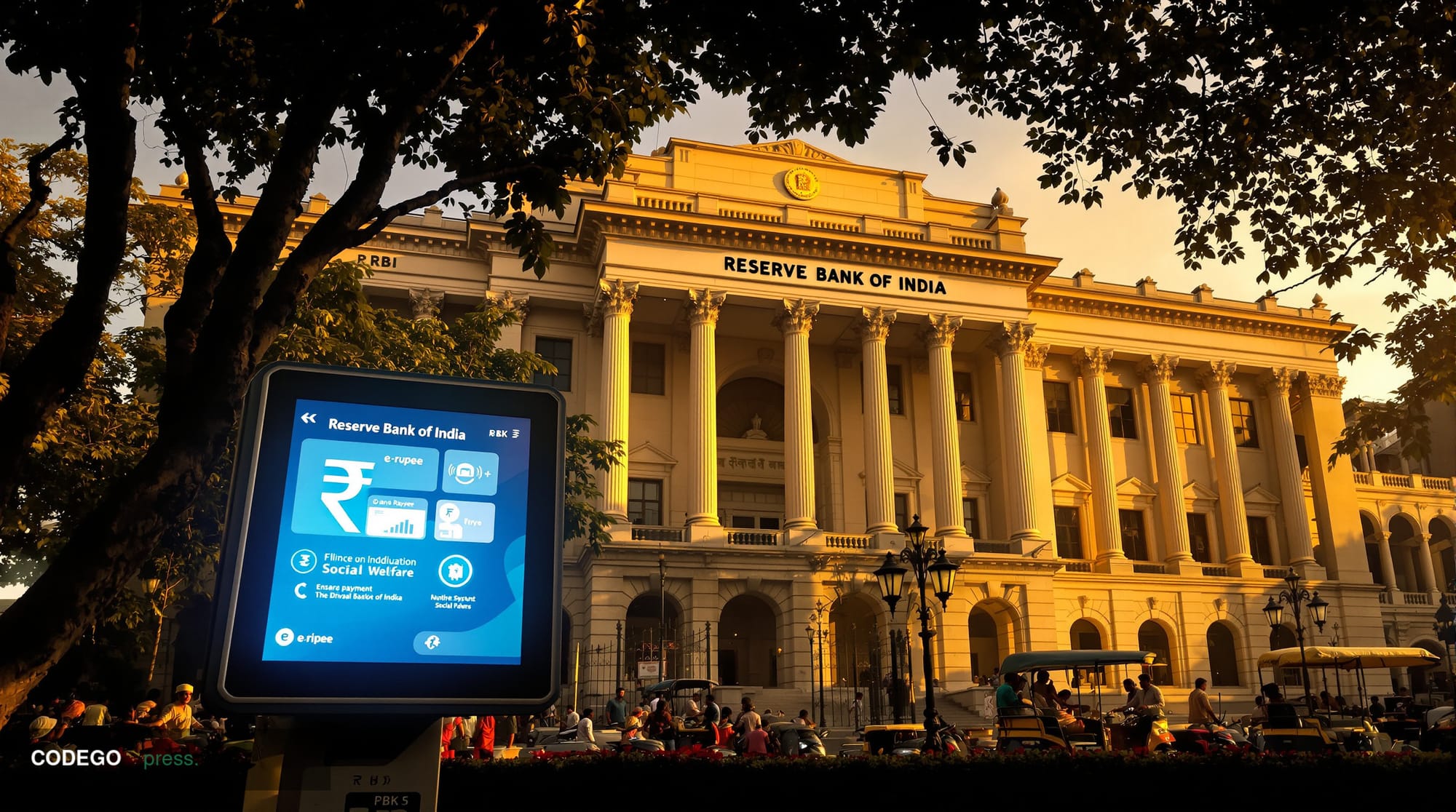 A cinematic editorial photograph capturing the intersection of digital finance and social welfare in India. The scene shows t