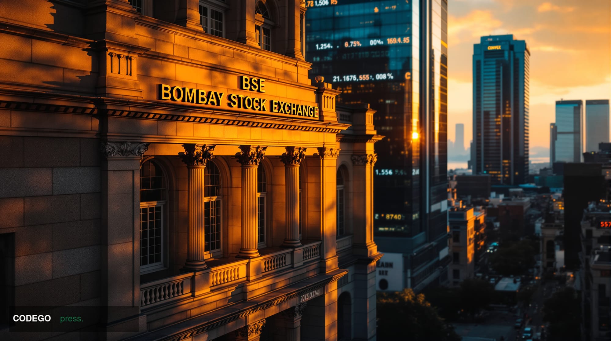 A dramatic photorealistic editorial photograph showing the Indian financial district with the iconic Bombay Stock Exchange bu