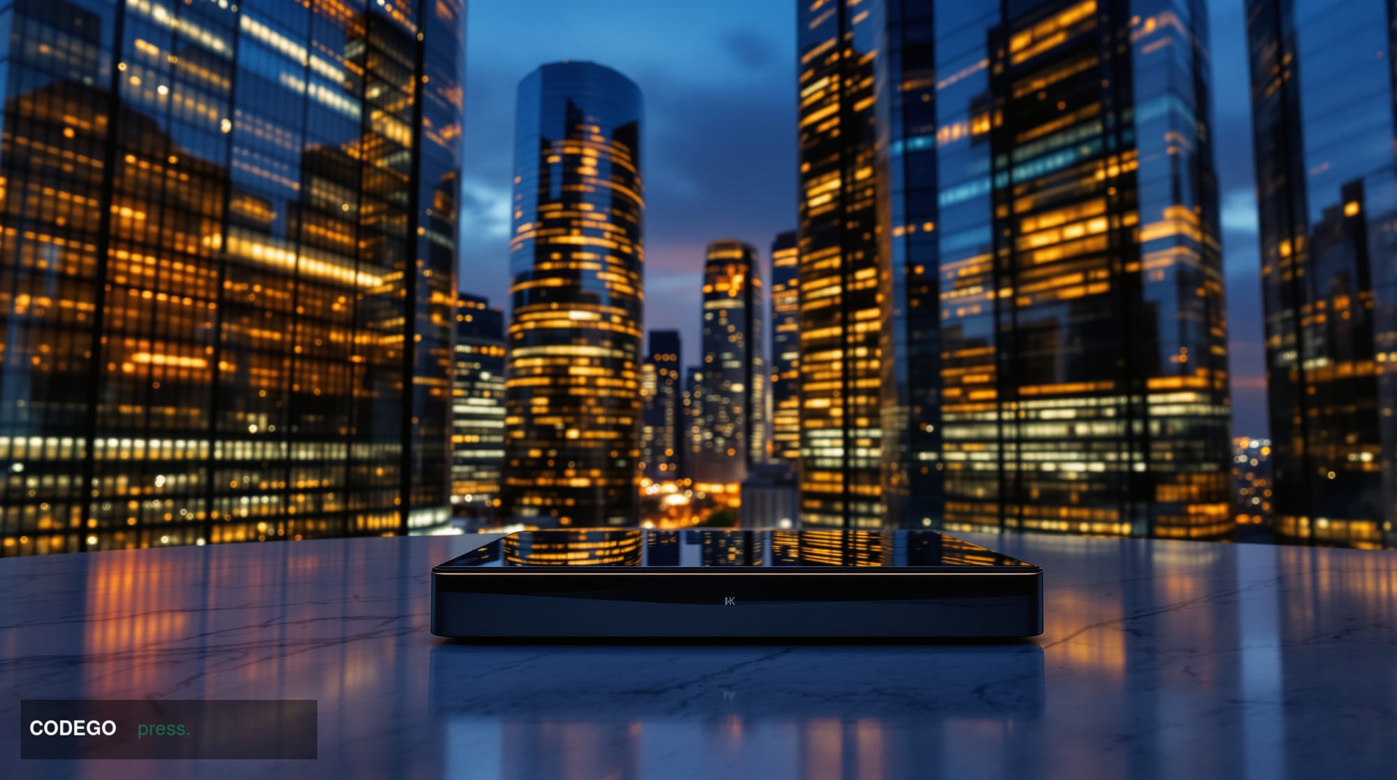 A cinematic editorial photograph showing a modern financial district skyline at golden hour, with glass towers reflecting war