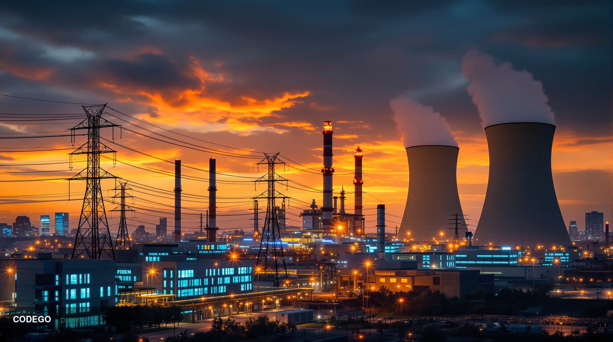 A cinematic editorial photograph showcasing a massive industrial energy facility at dusk, with towering gas turbines and powe