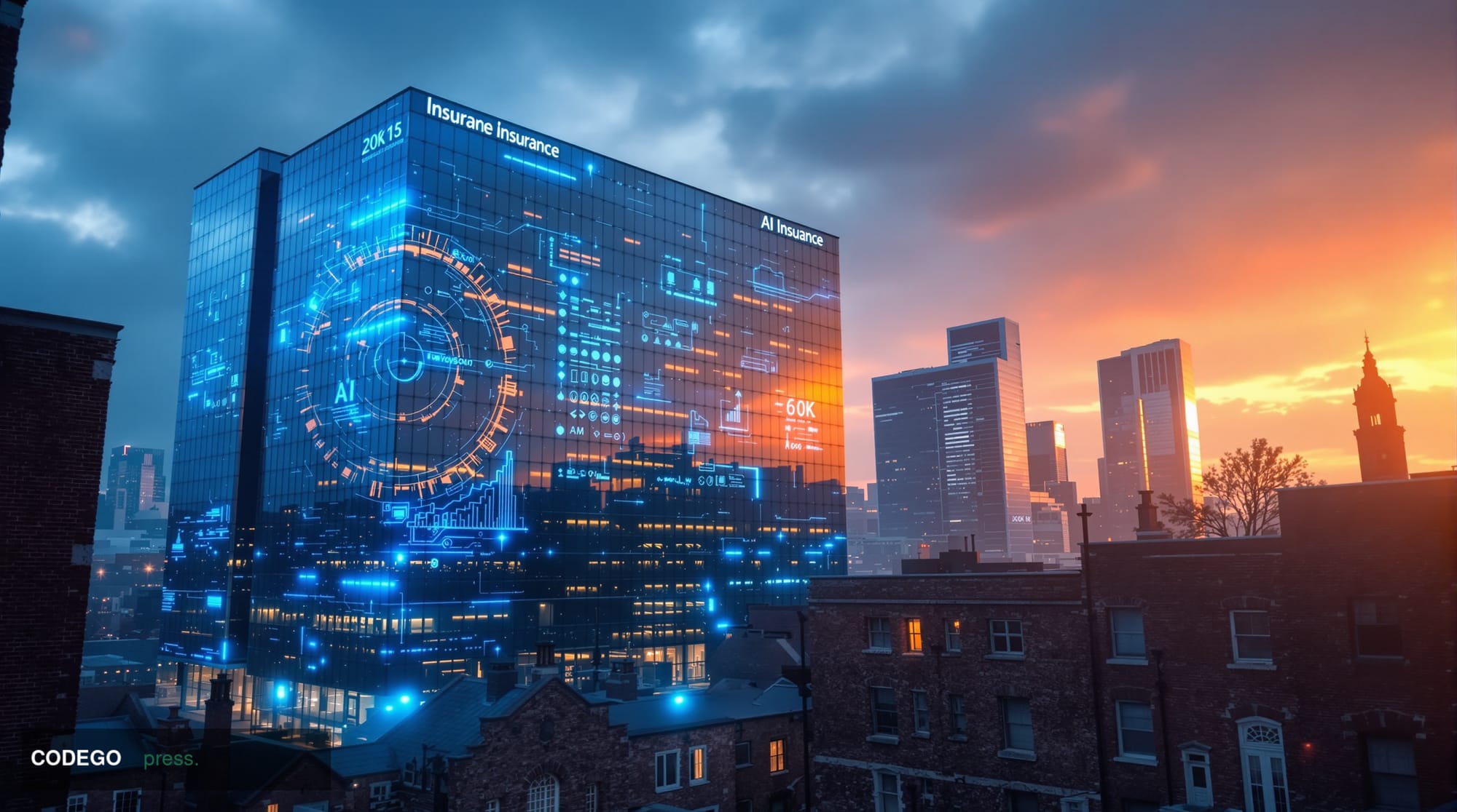 A cinematic editorial photograph capturing the tension between traditional insurance infrastructure and AI innovation. The sc