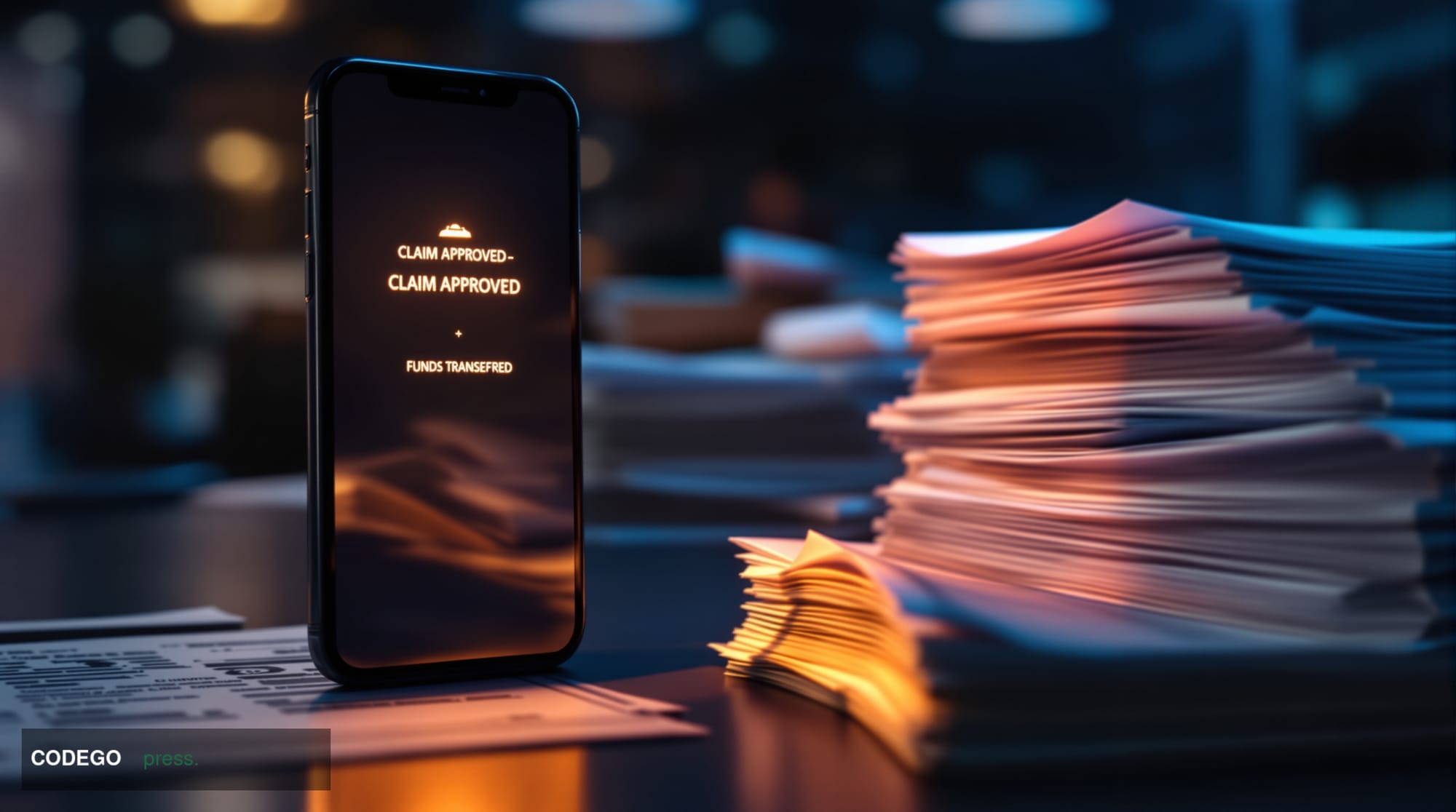 A dramatic editorial photograph showcasing the contrast between old and new insurance claim processing methods. The foregroun