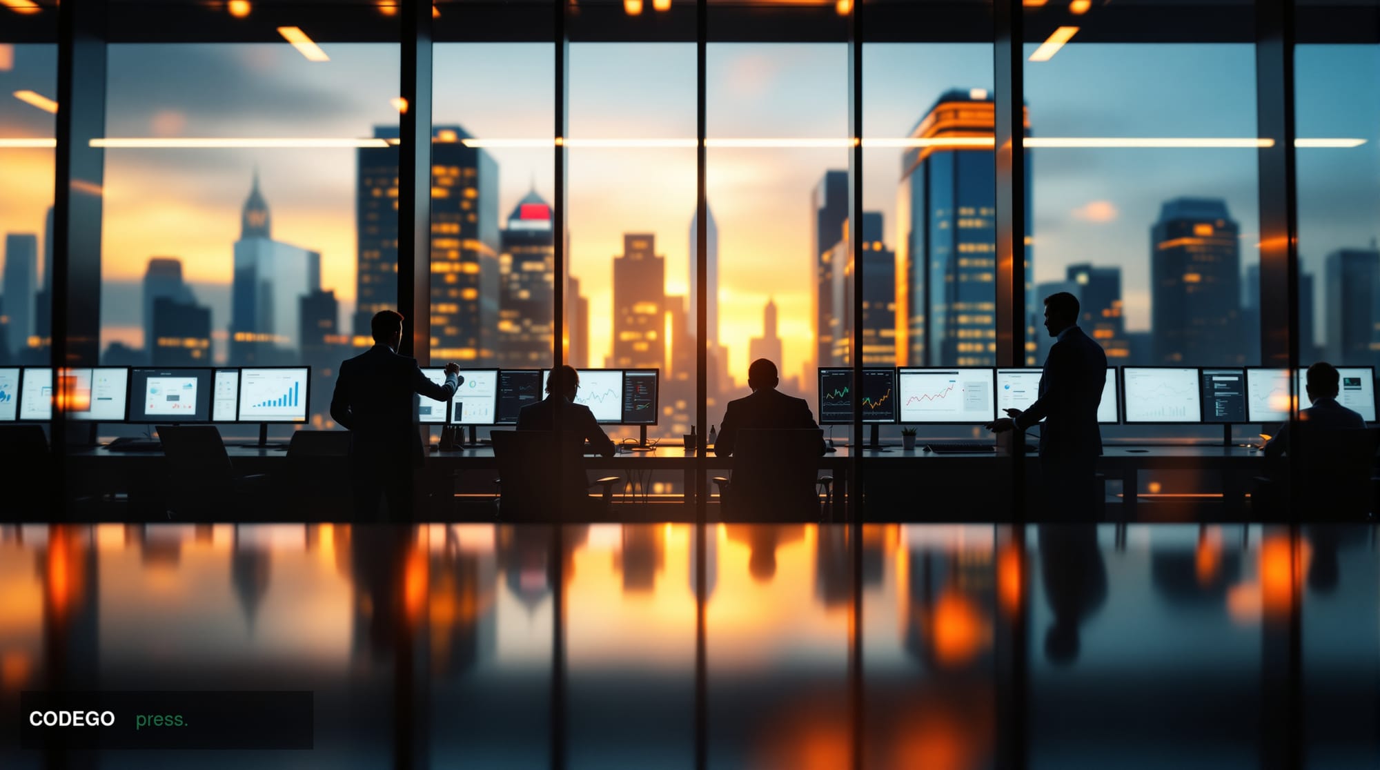 A cinematic editorial photograph of a modern glass-walled insurtech startup office in a financial district, shot during golde