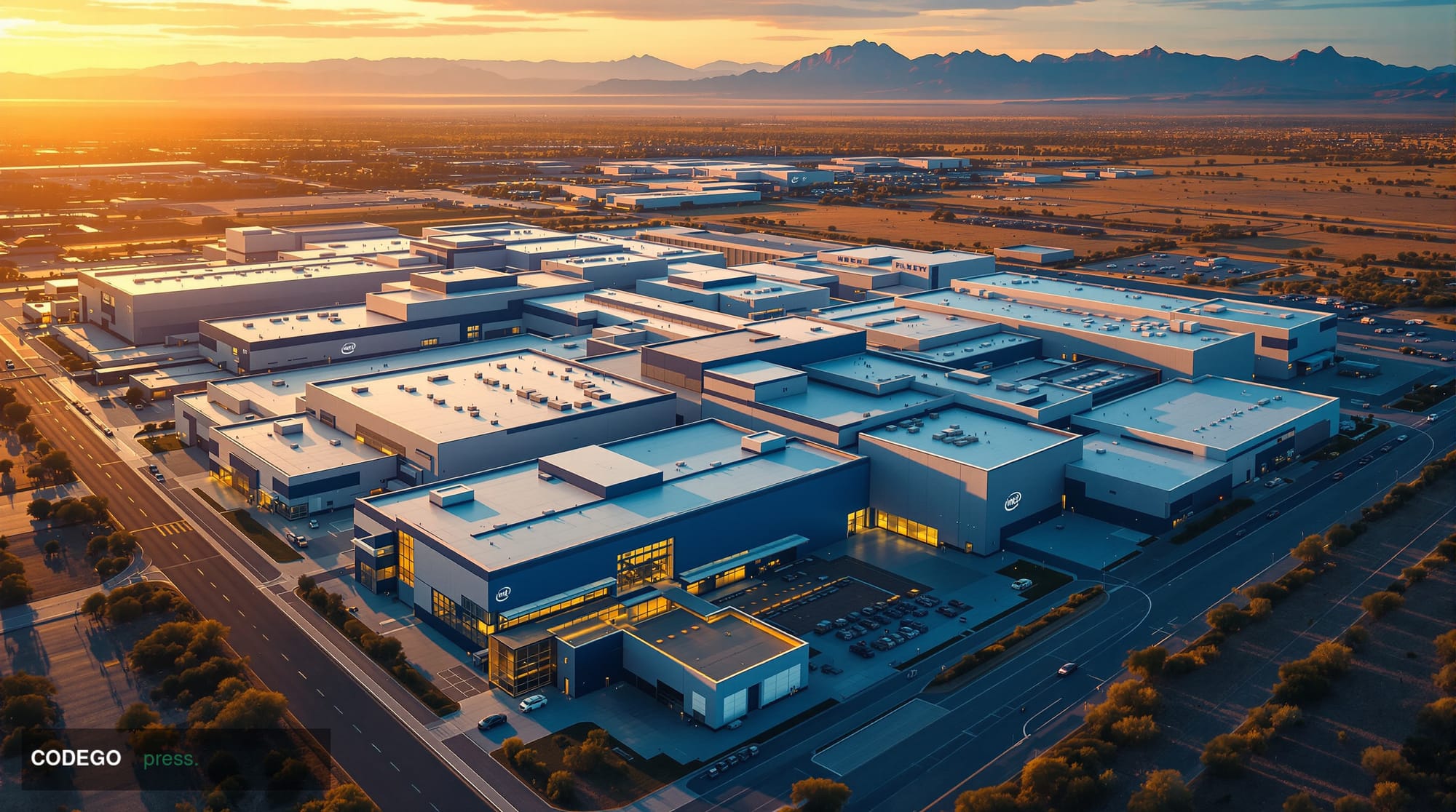 A dramatic aerial view of Intel's advanced semiconductor fabrication facility in Arizona, with the distinctive blue and white