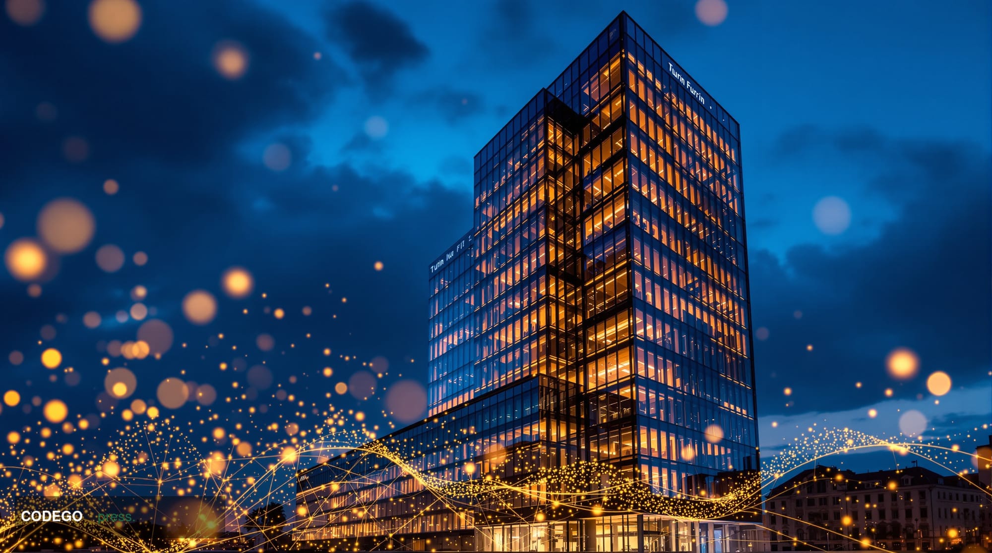 A cinematic editorial photograph showcasing the imposing glass and steel facade of Intesa Sanpaolo's modern headquarters in T