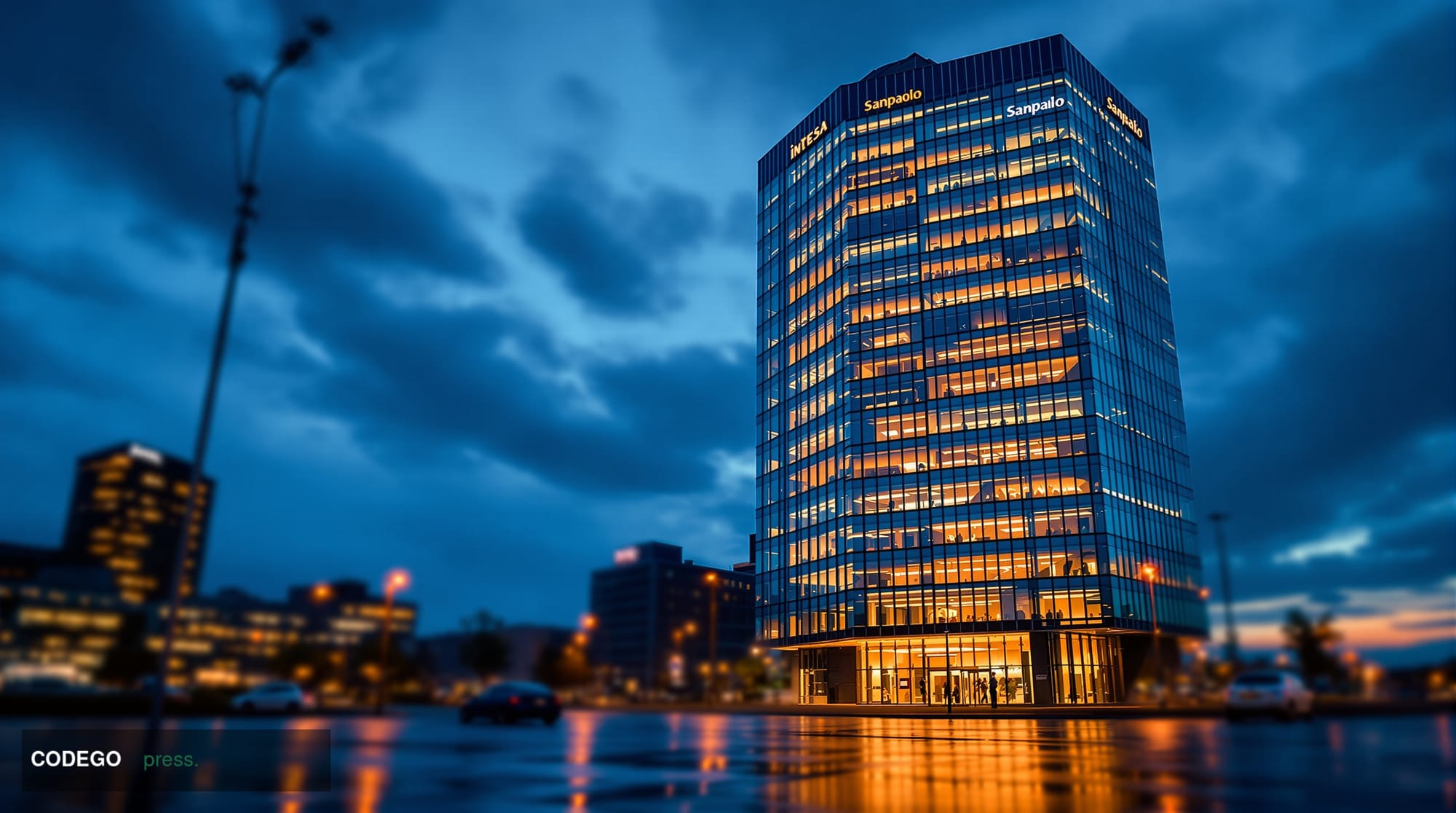 A cinematic editorial photograph of Intesa Sanpaolo's distinctive modern headquarters tower in Turin, Italy, shot from a low 