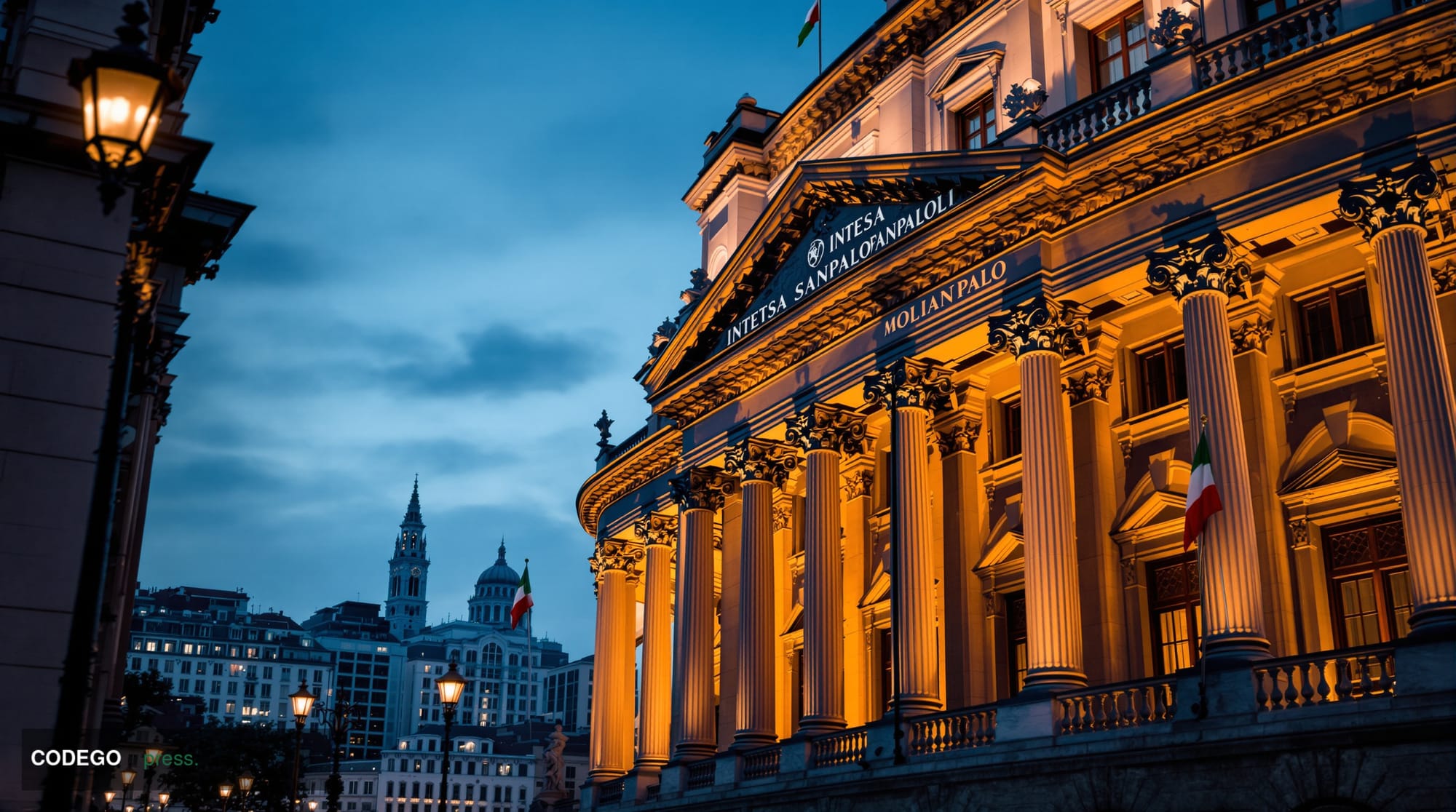 A cinematic editorial photograph showing the imposing neoclassical facade of Intesa Sanpaolo's historic headquarters in Turin
