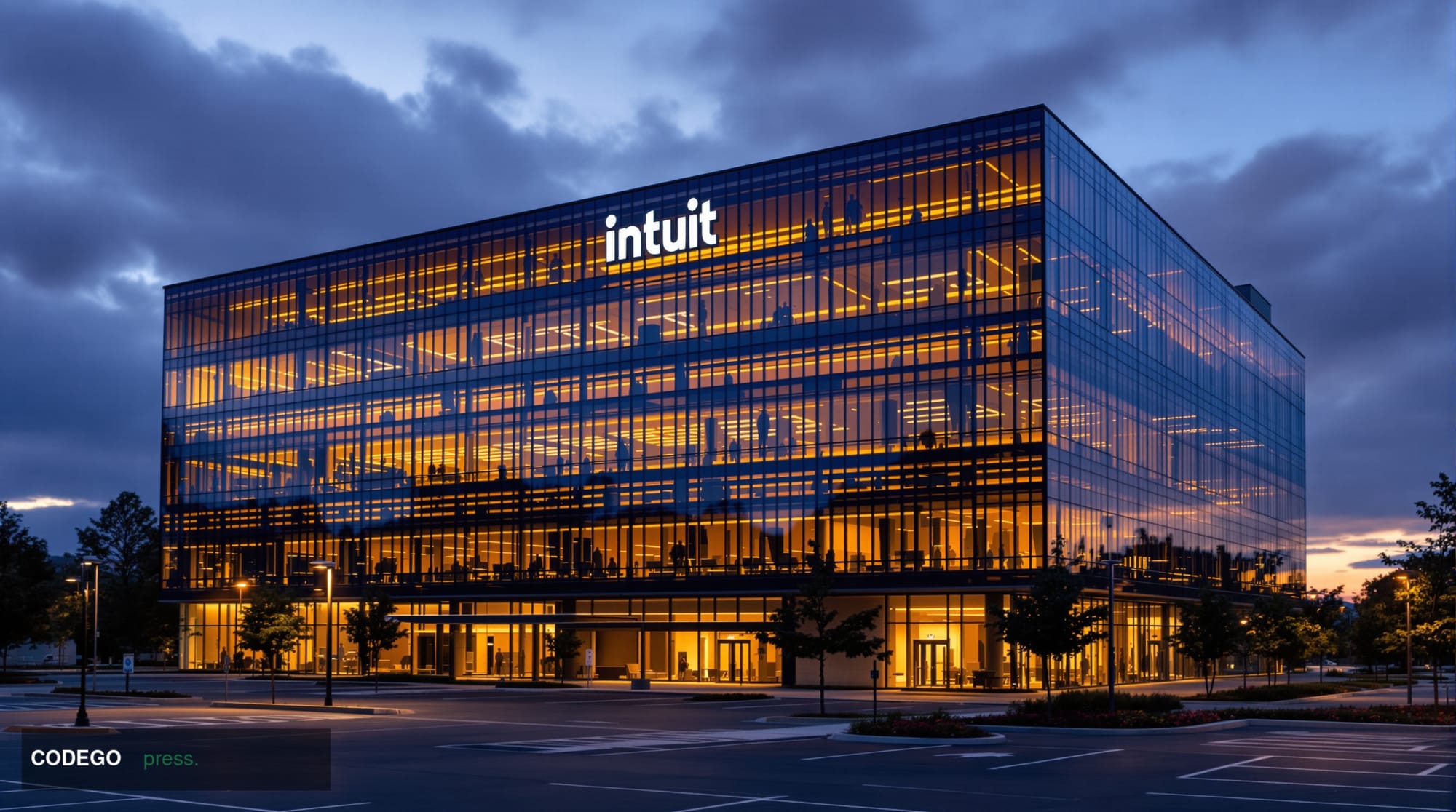 A dramatic editorial photograph of Intuit's Mountain View headquarters building exterior during golden hour, with the recogni