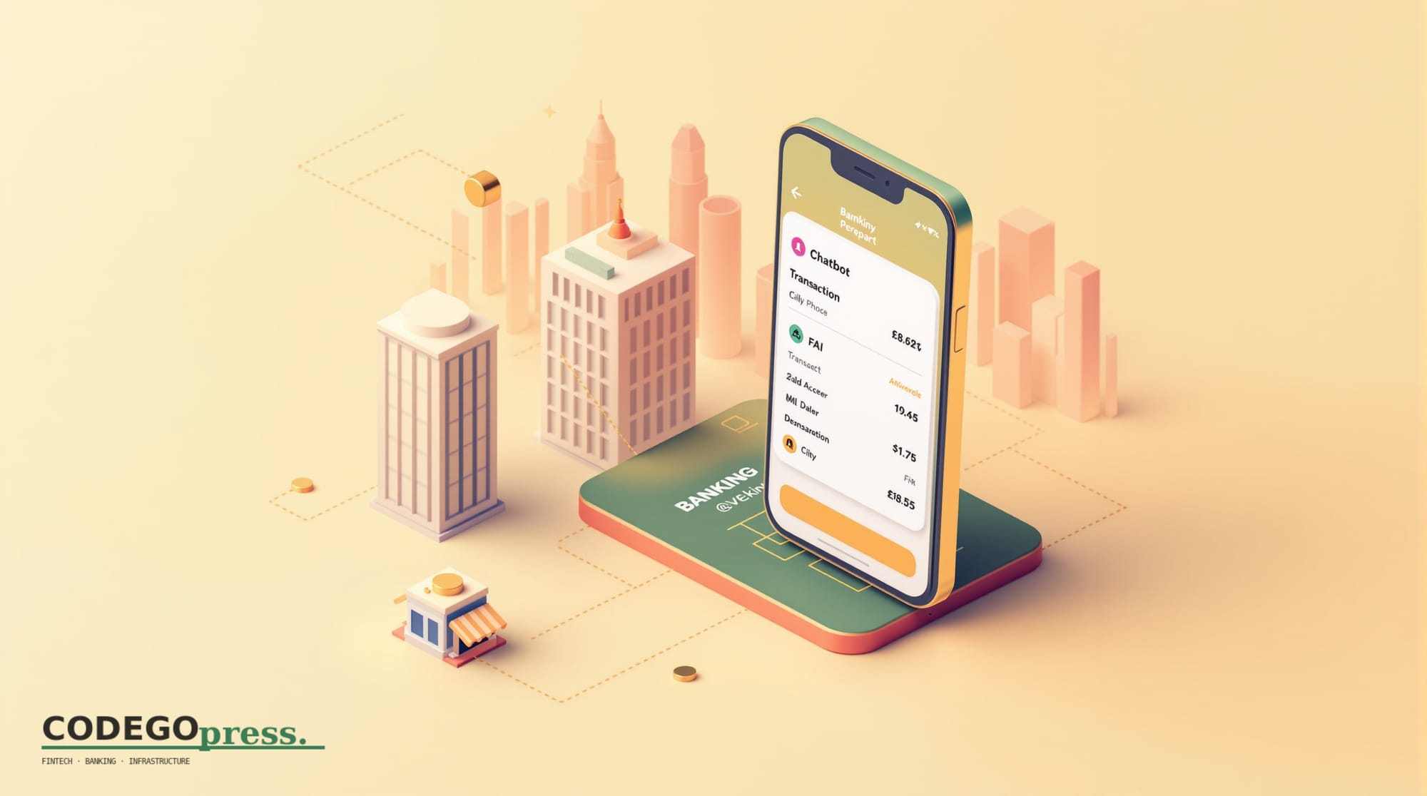 Flat 3D isometric vector editorial illustration. Primary banking-green (#1A6B43) with cream background, gold and navy accents