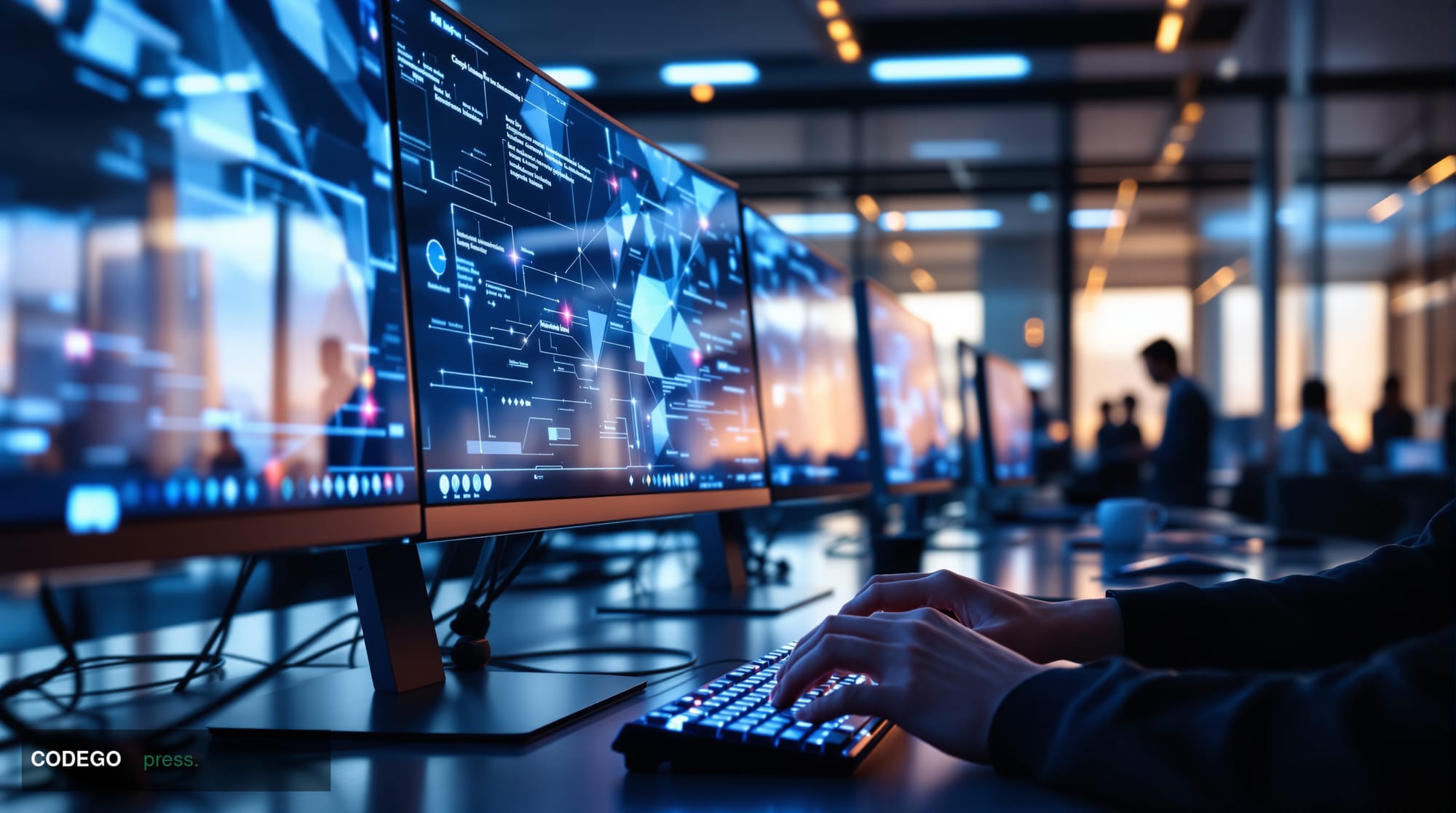 A cinematic editorial photograph of a modern fintech office environment showing the seamless integration of invisible technol